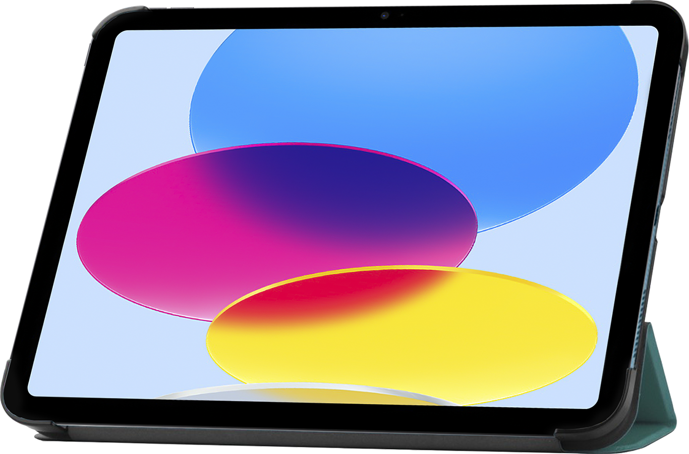 Tablet screen showing abstract shapes in blue, pink, and yellow colors.