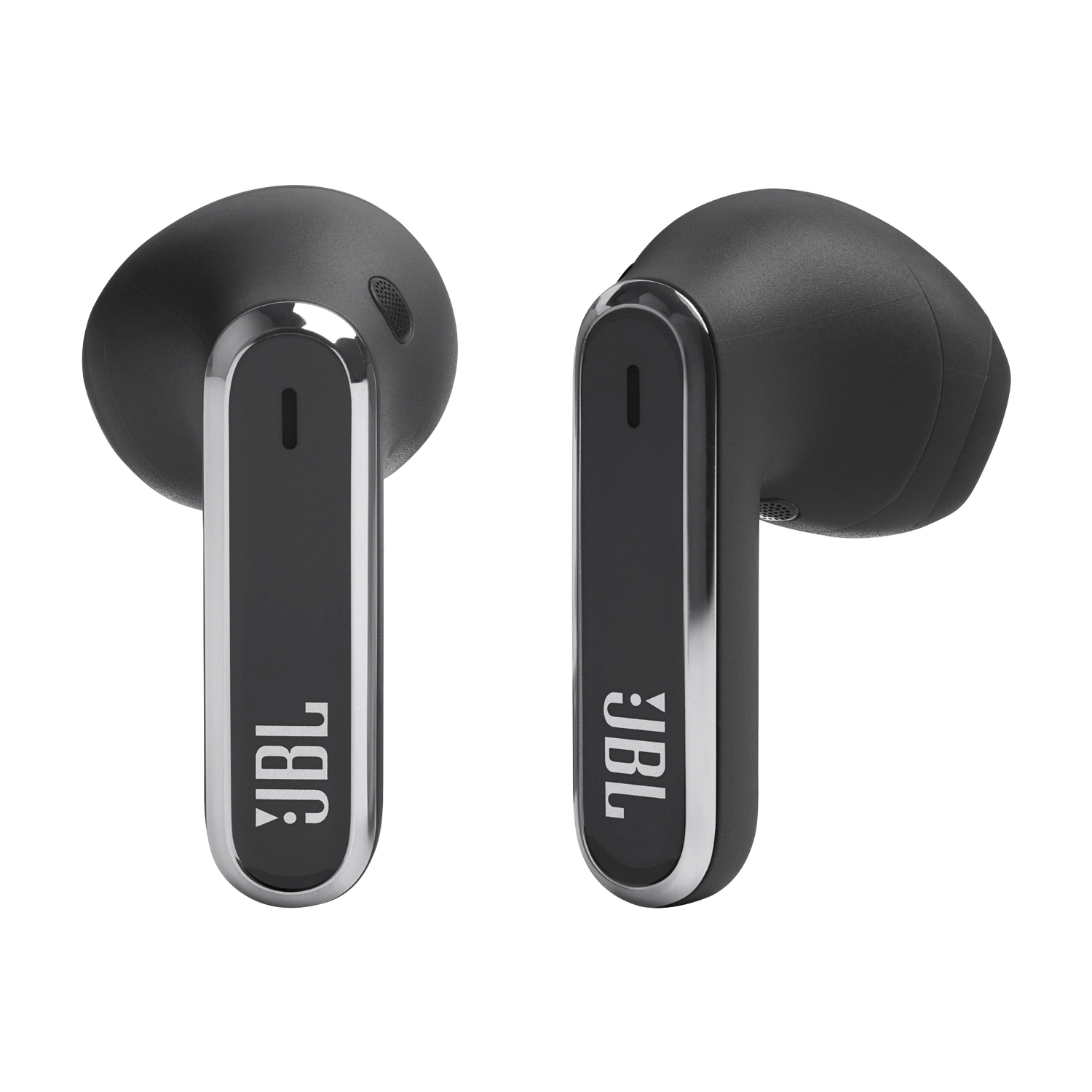 Black JBL earbuds. Each earbud has a silver stripe and the JBL logo. Black background.
