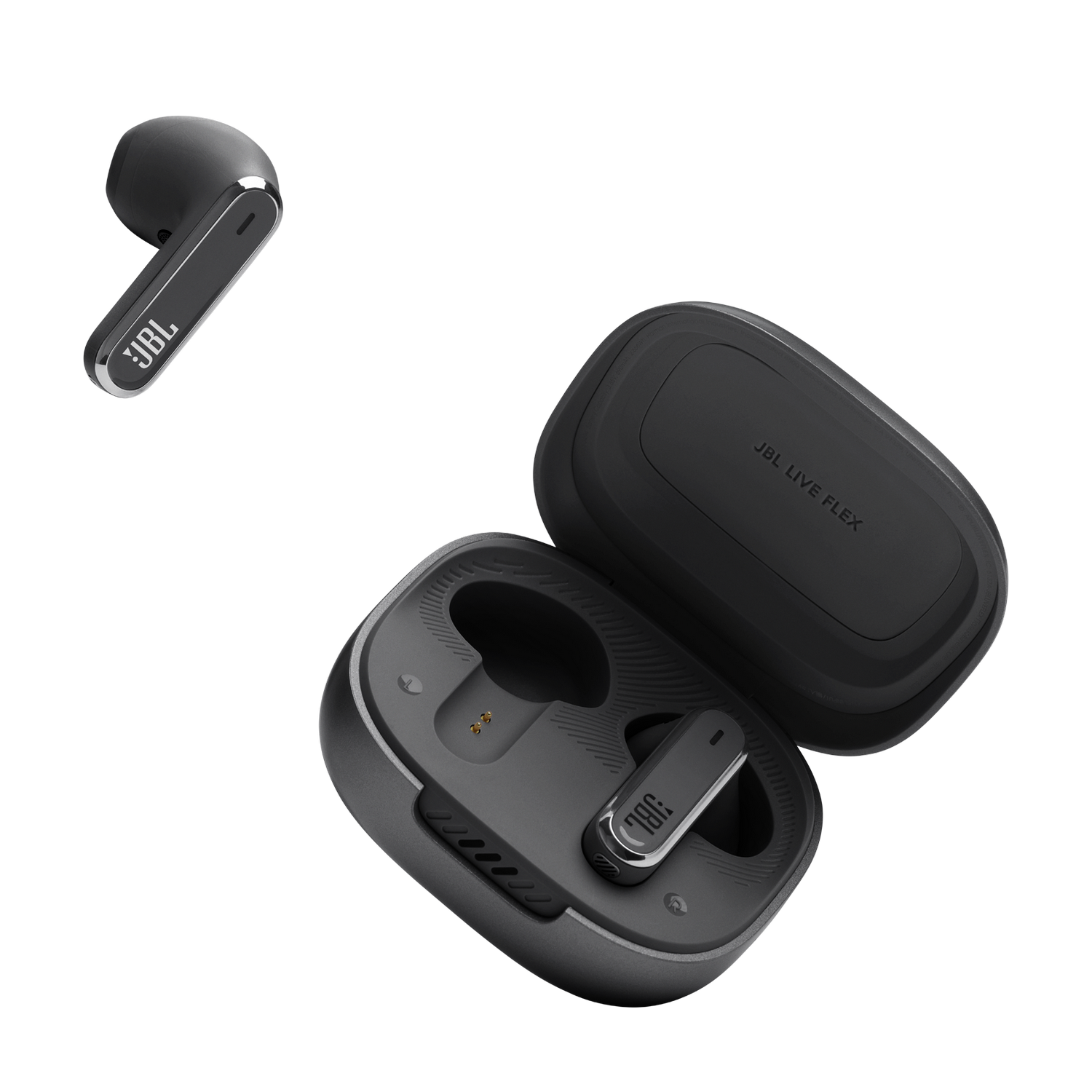 Black JBL earbuds and charging case. Earbuds are shown in and out of the case.
