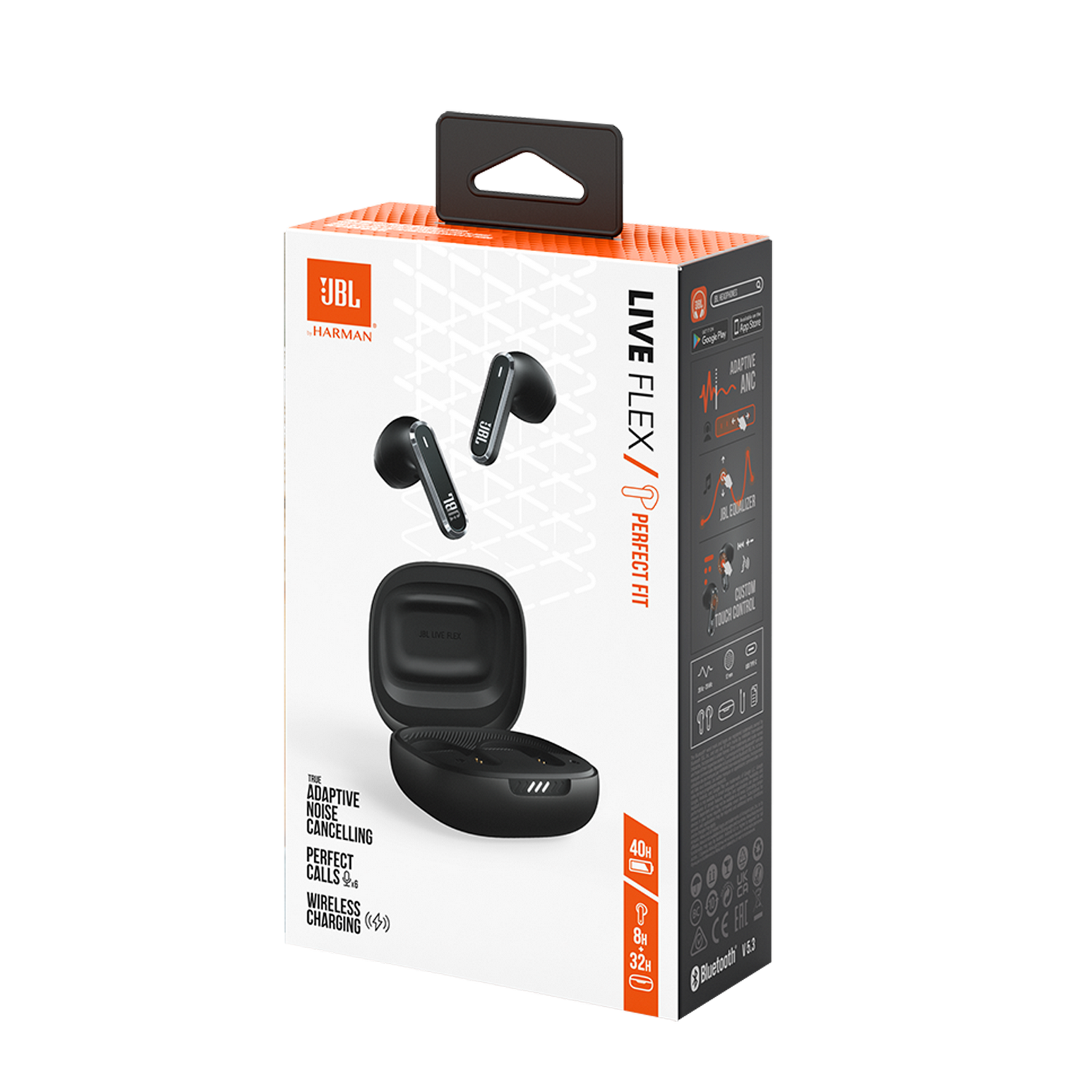 JBL headphones box: black earbuds, case, and features listed on a white and orange box.