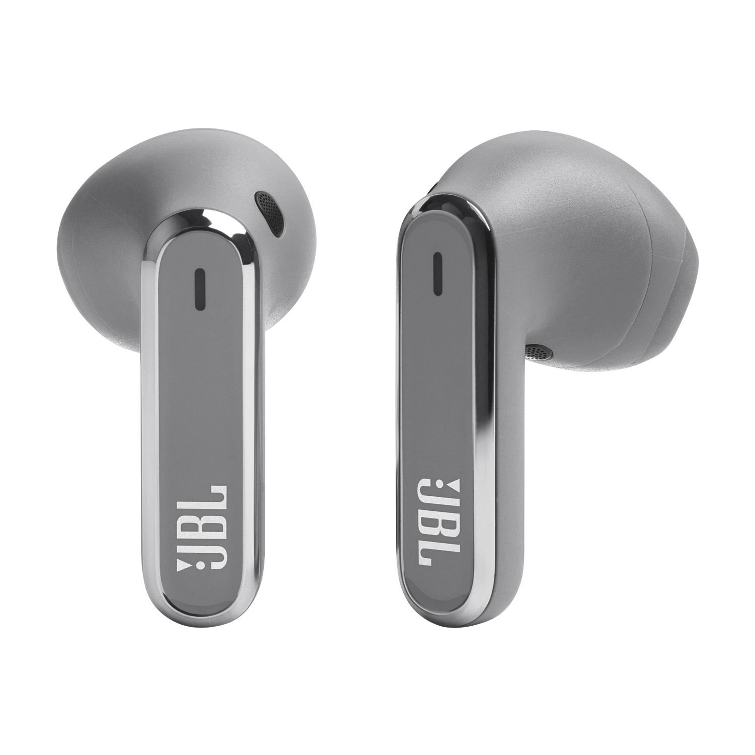 Two gray JBL wireless earbuds on black background.