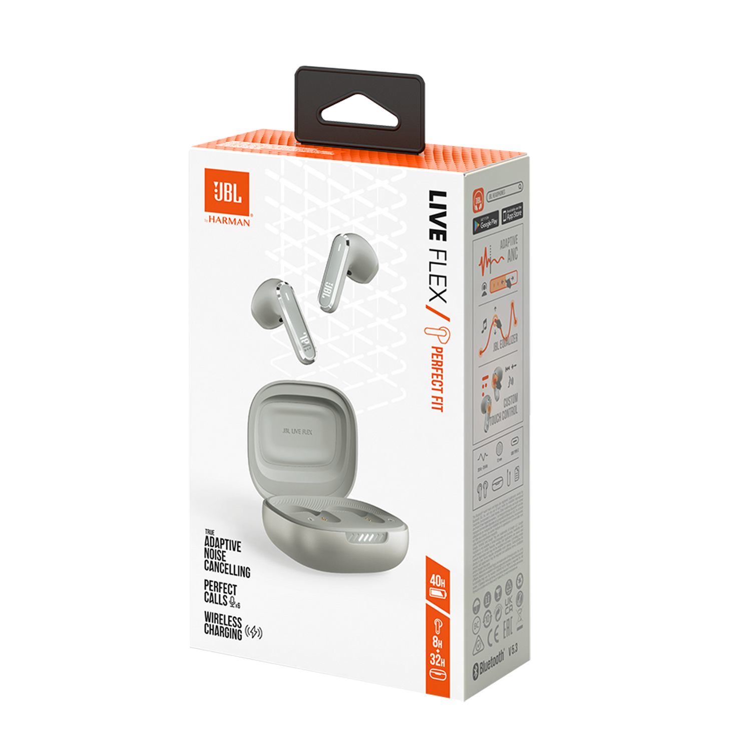 A JBL Live Flex earbud box with earbuds and a charging case, on a white background.