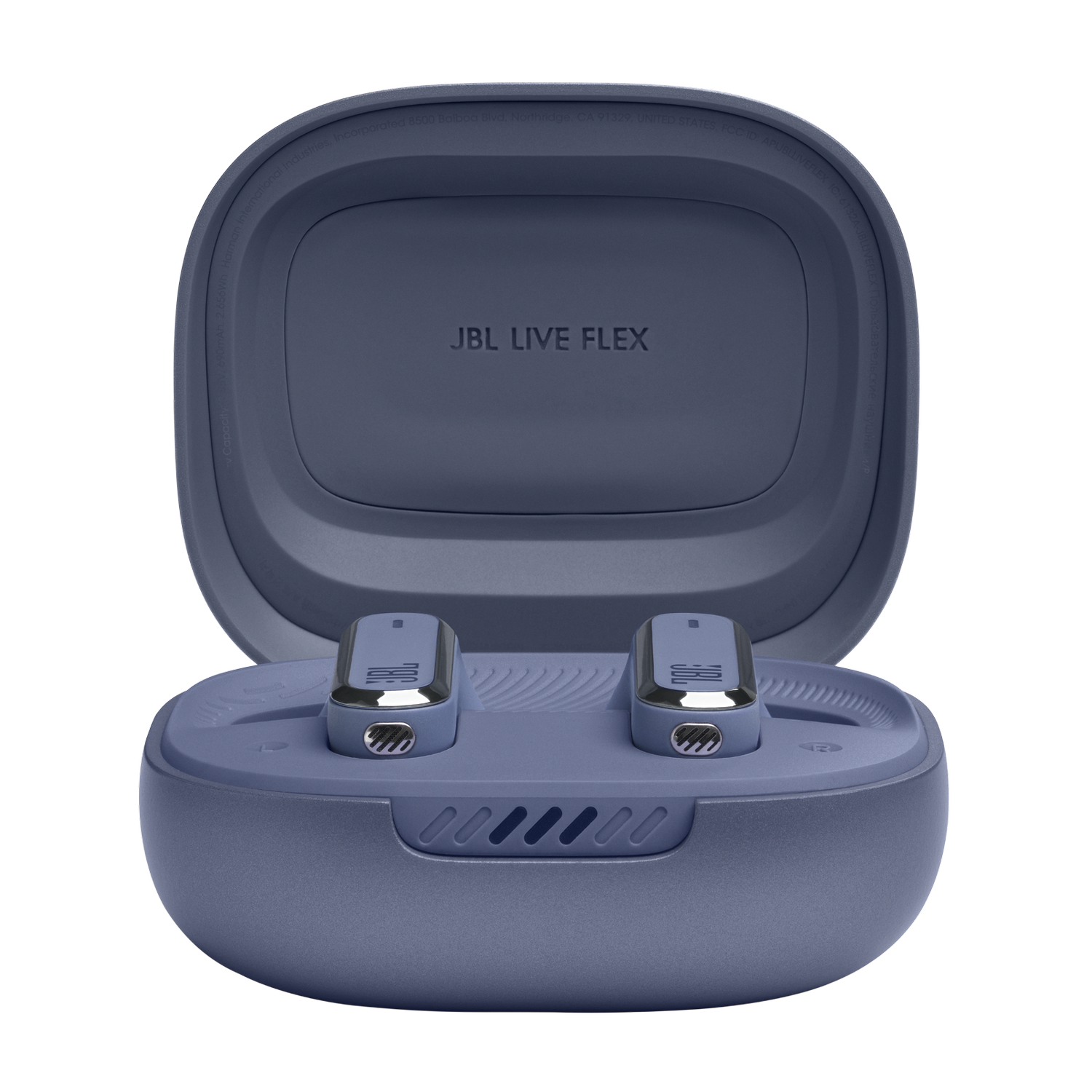 Blue JBL earbuds and a blue case. The case is open.