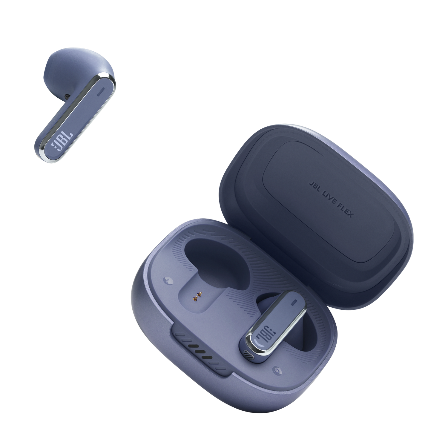 Earbuds and case in blue. JBL Live Flex. Black background.