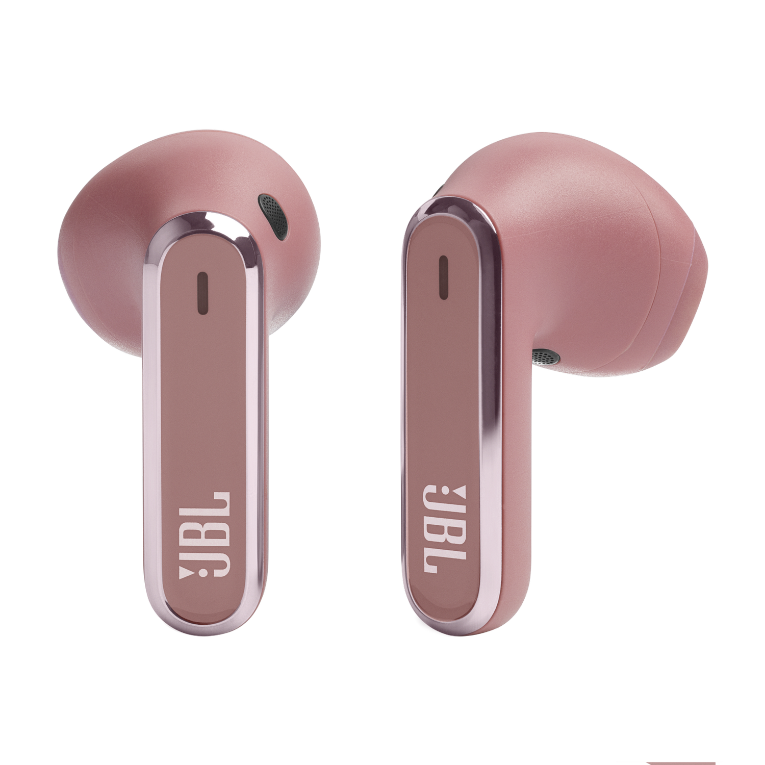 Two JBL pink earbuds with a long stem. White background.