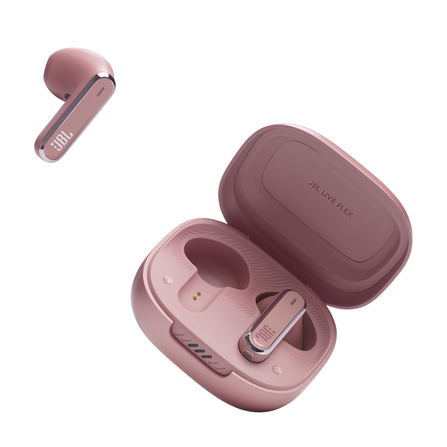 Pink earbuds, open case. JBL logo. Black background.