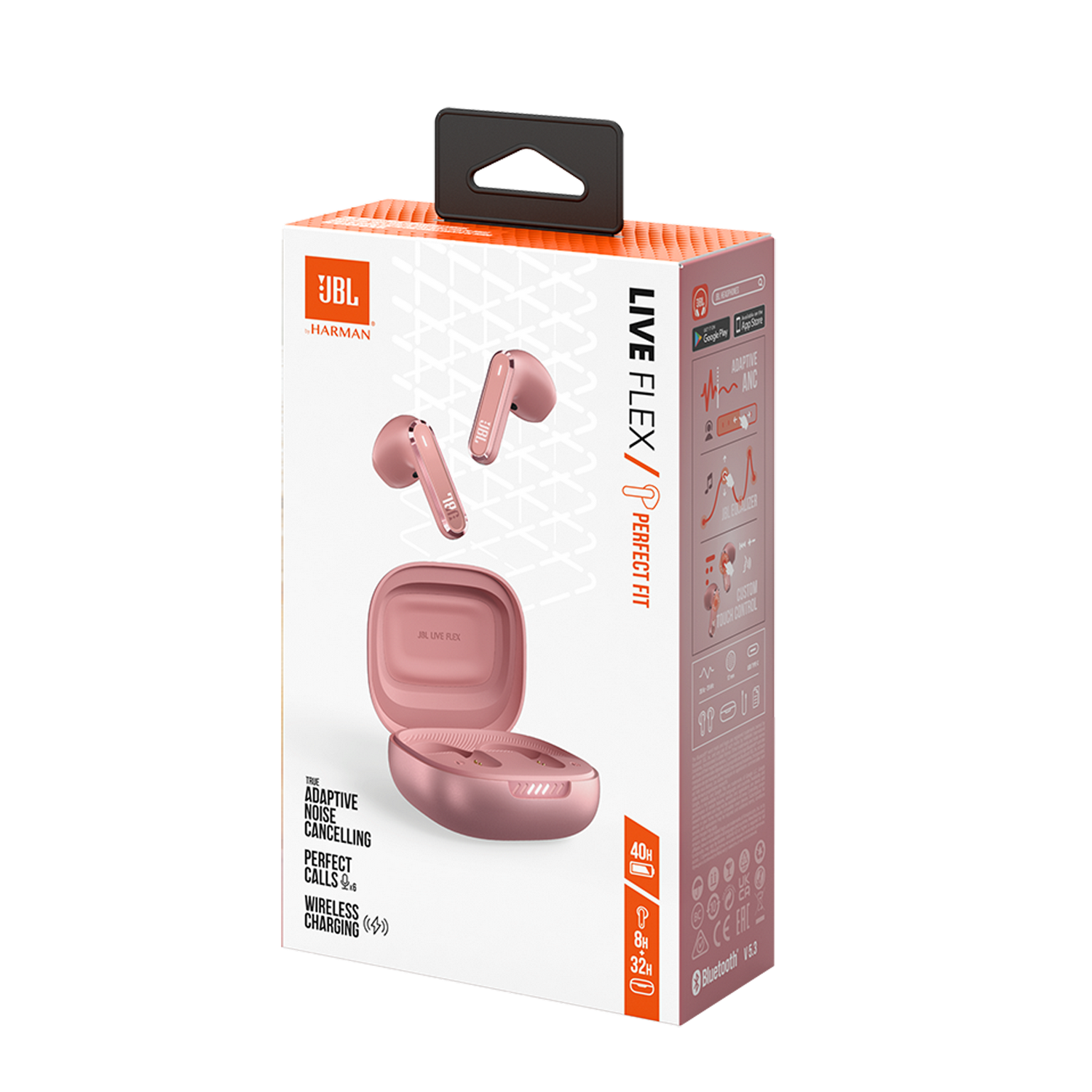 Pink JBL earbuds with charging case in a box with product info.