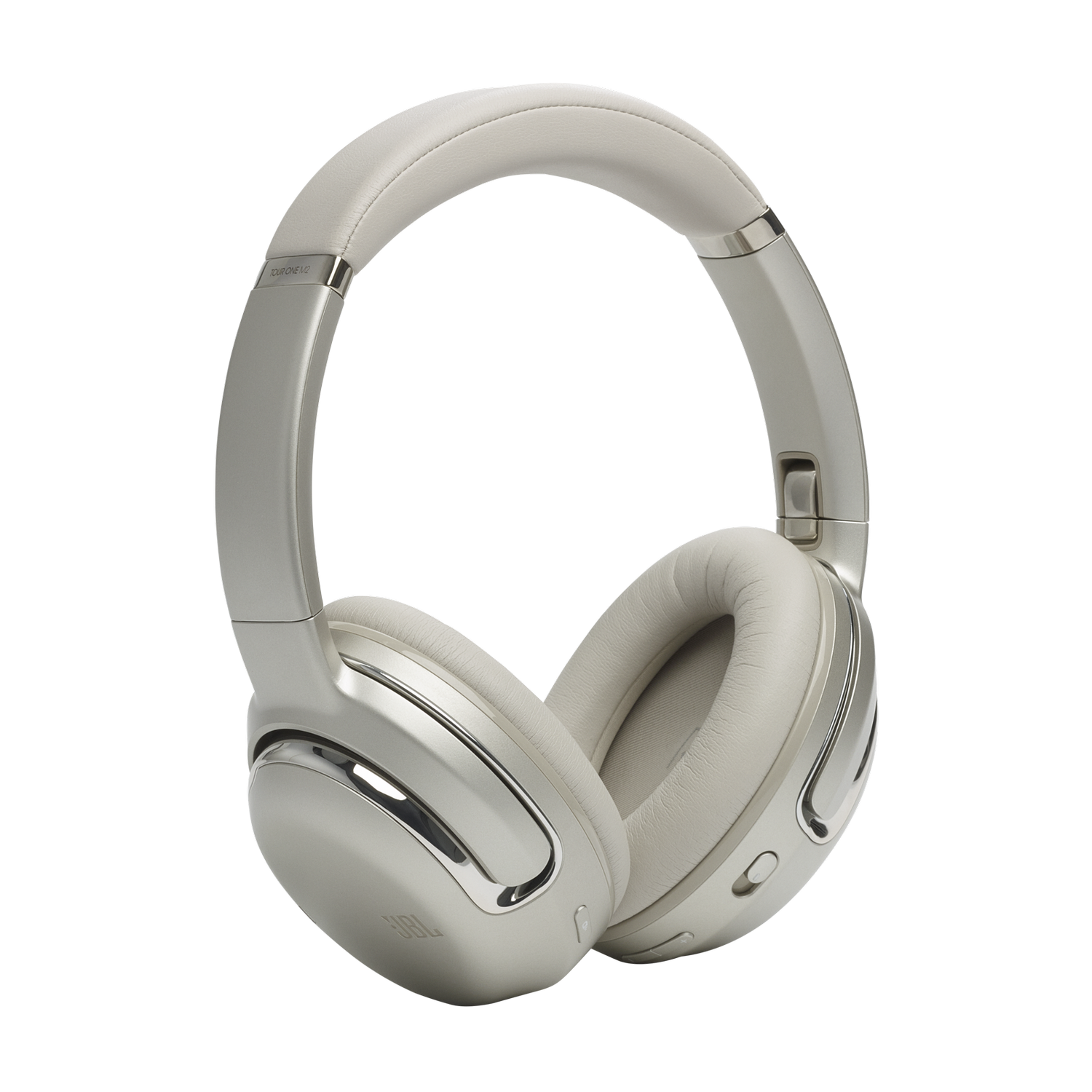 White and silver JBL headphones, angled view, with ear cups and headband. Black background.