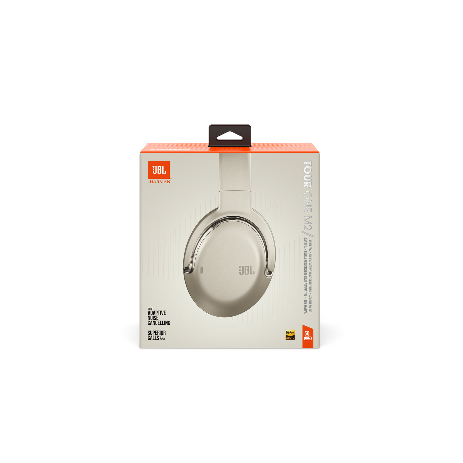 Headphone box against a white background. The box is white and orange and shows the headphones.