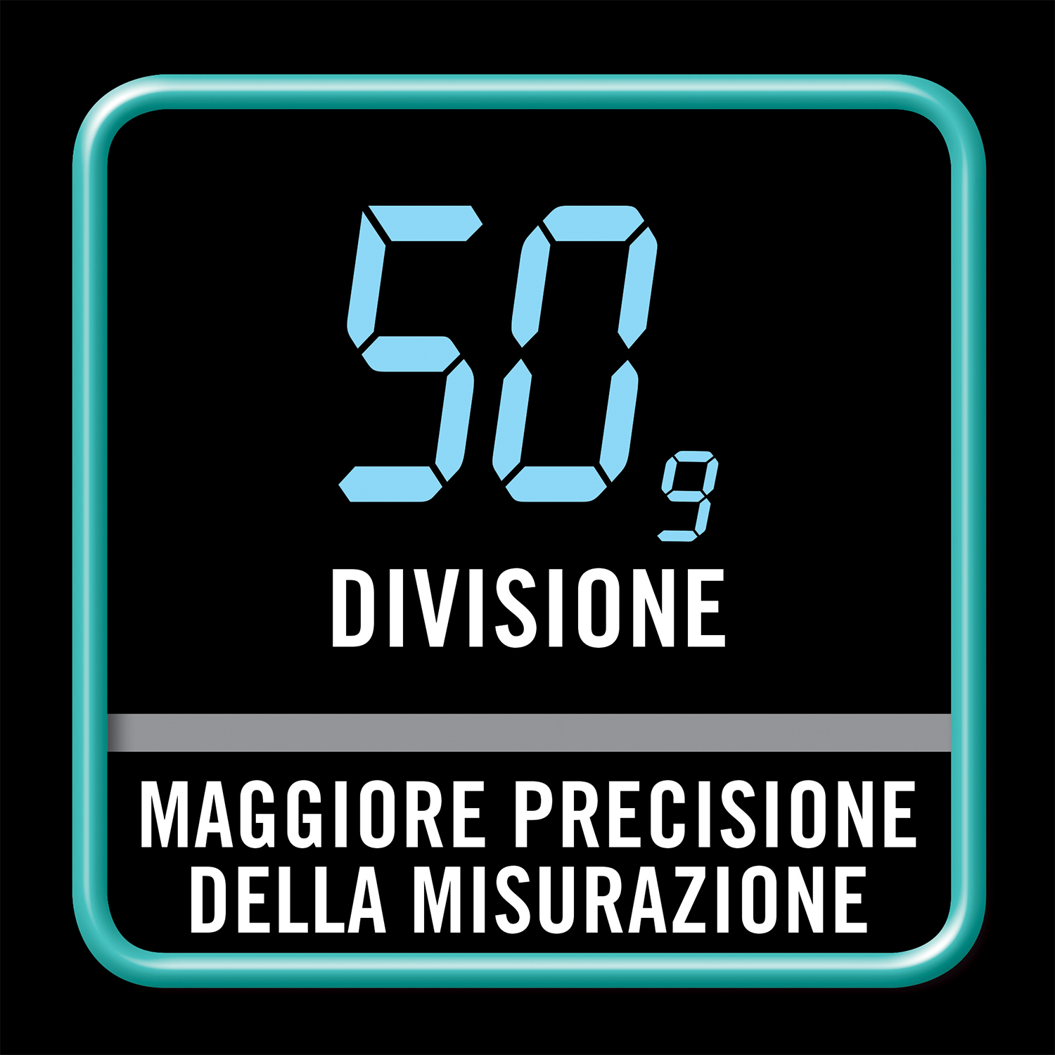 Un quadrato nero che mostra 50,9. La parola DIVISIONE è sotto. Altro testo descrive la precisione.