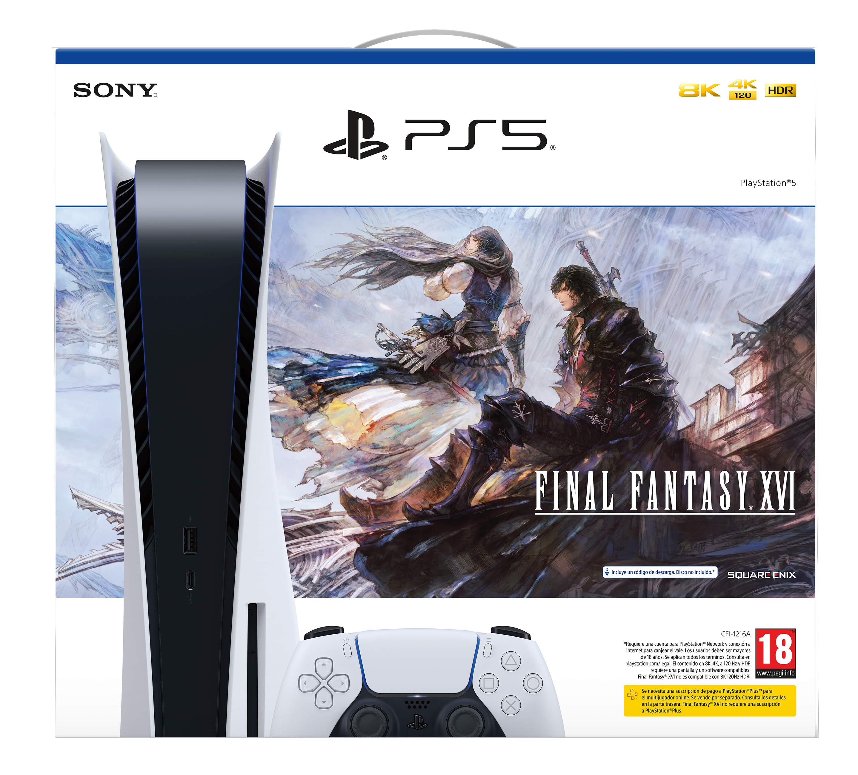 Una consola PS5 y caja con el juego Final Fantasy XVI, un mando y la marca Sony.
