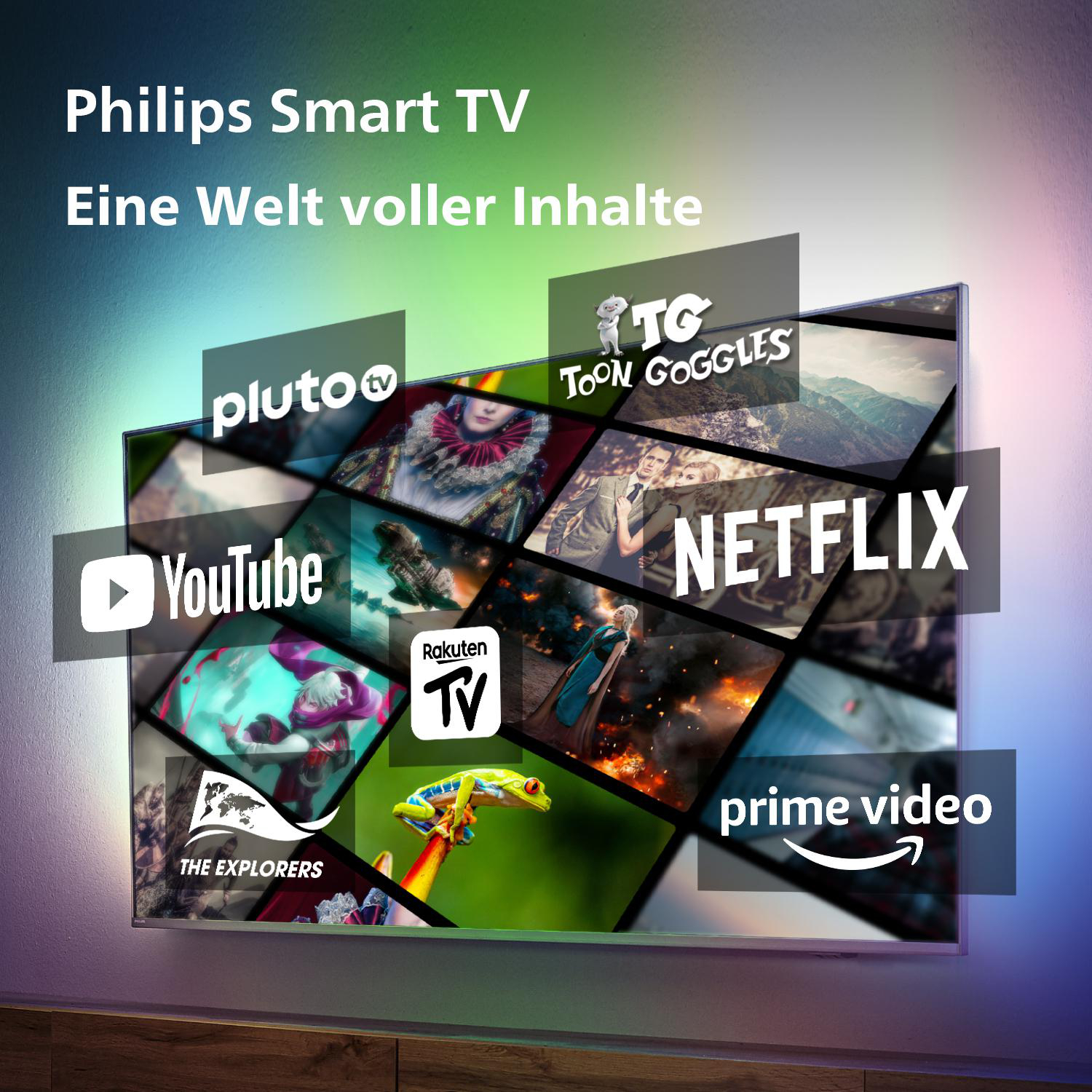 Ein Fernsehbildschirm zeigt verschiedene App-Logos (Netflix, YouTube usw.). Text oben: 'Philips Smart TV'.