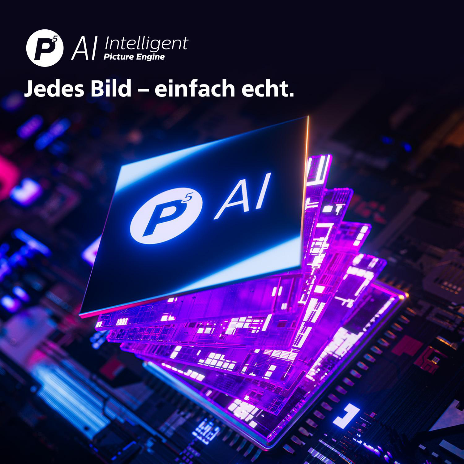 Abstraktes digitales Bild mit hellem blauem KI-Logo und einer leuchtenden lila-blauen geometrischen Struktur.