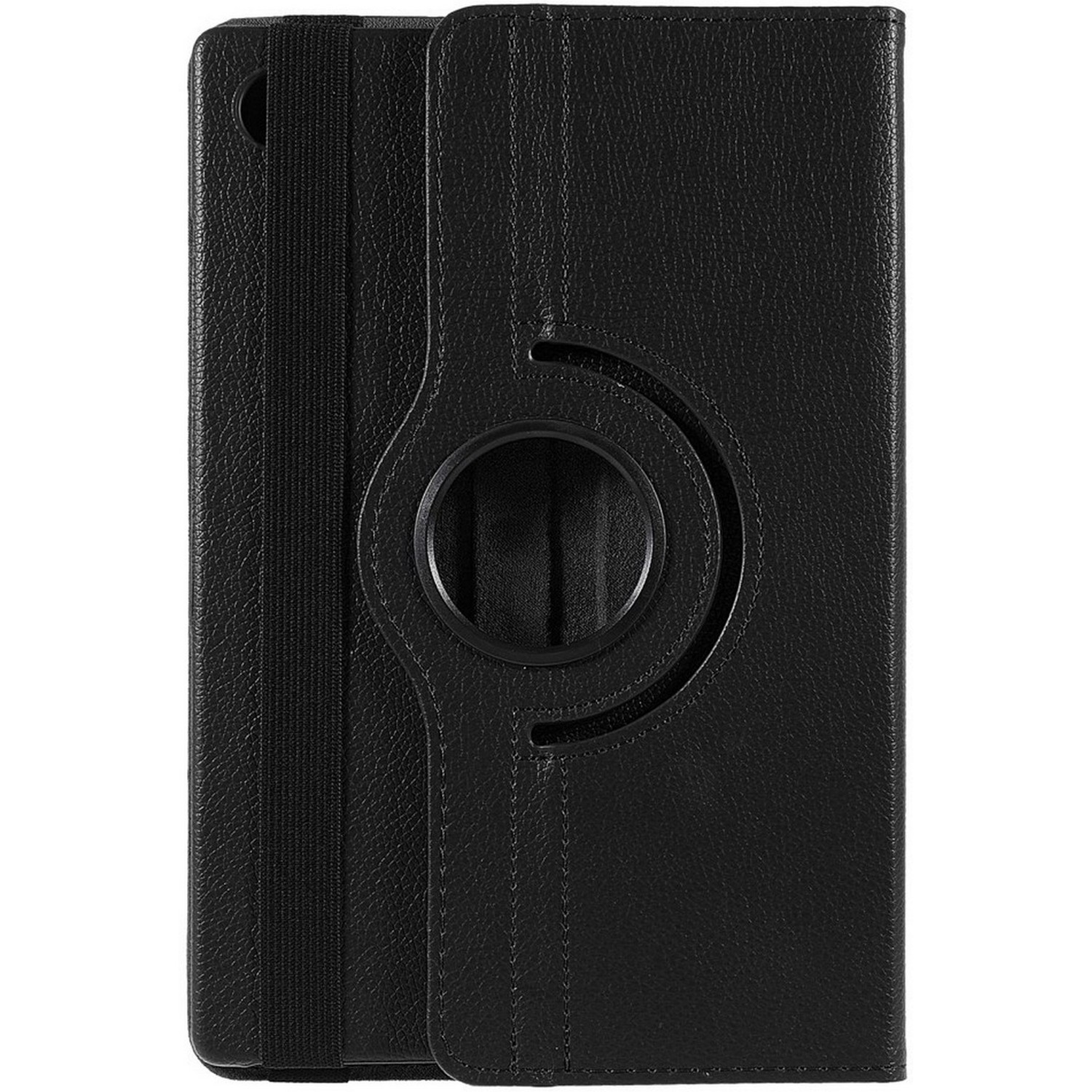 Étui de tablette noir avec anneau rotatif et bande élastique.