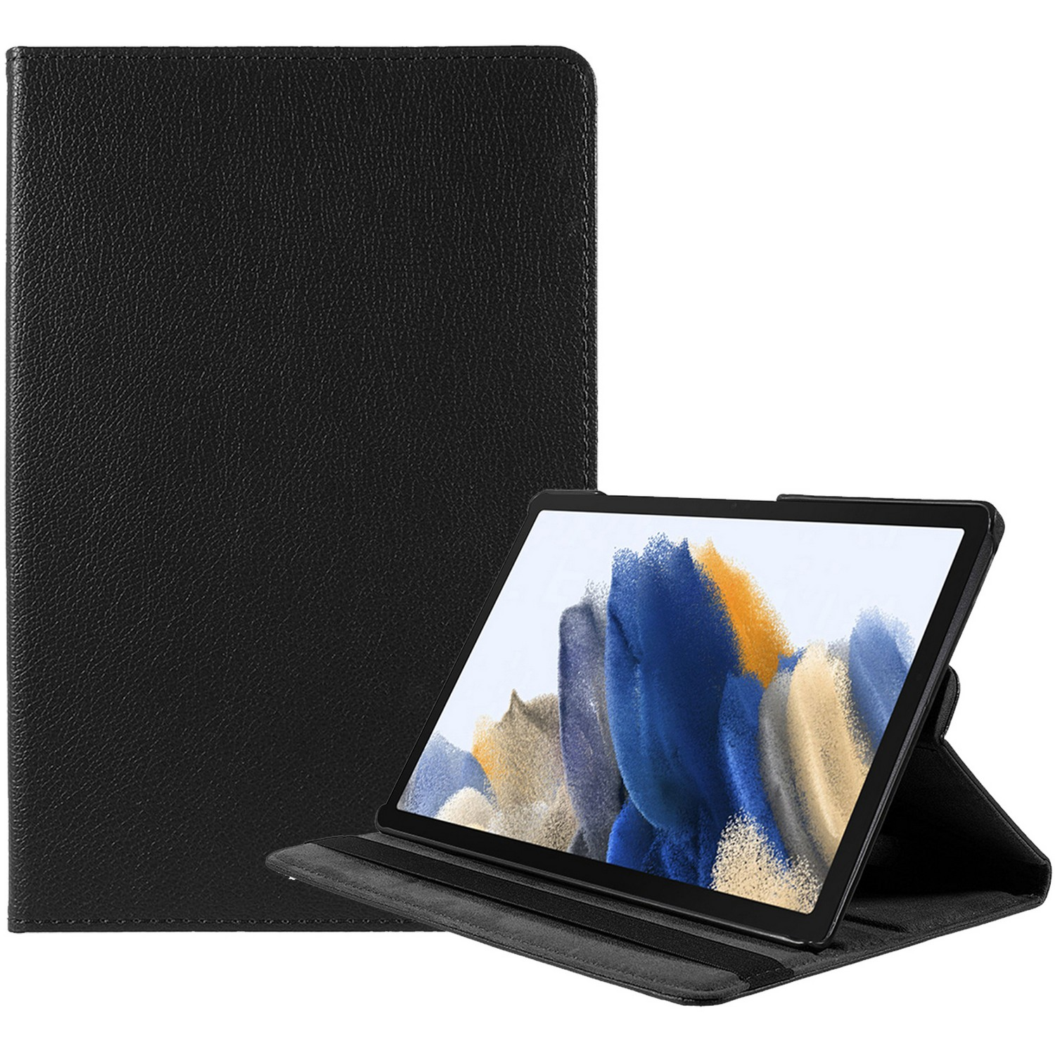 Tablette noire dans un étui en cuir noir. La tablette est ouverte et affiche une image.