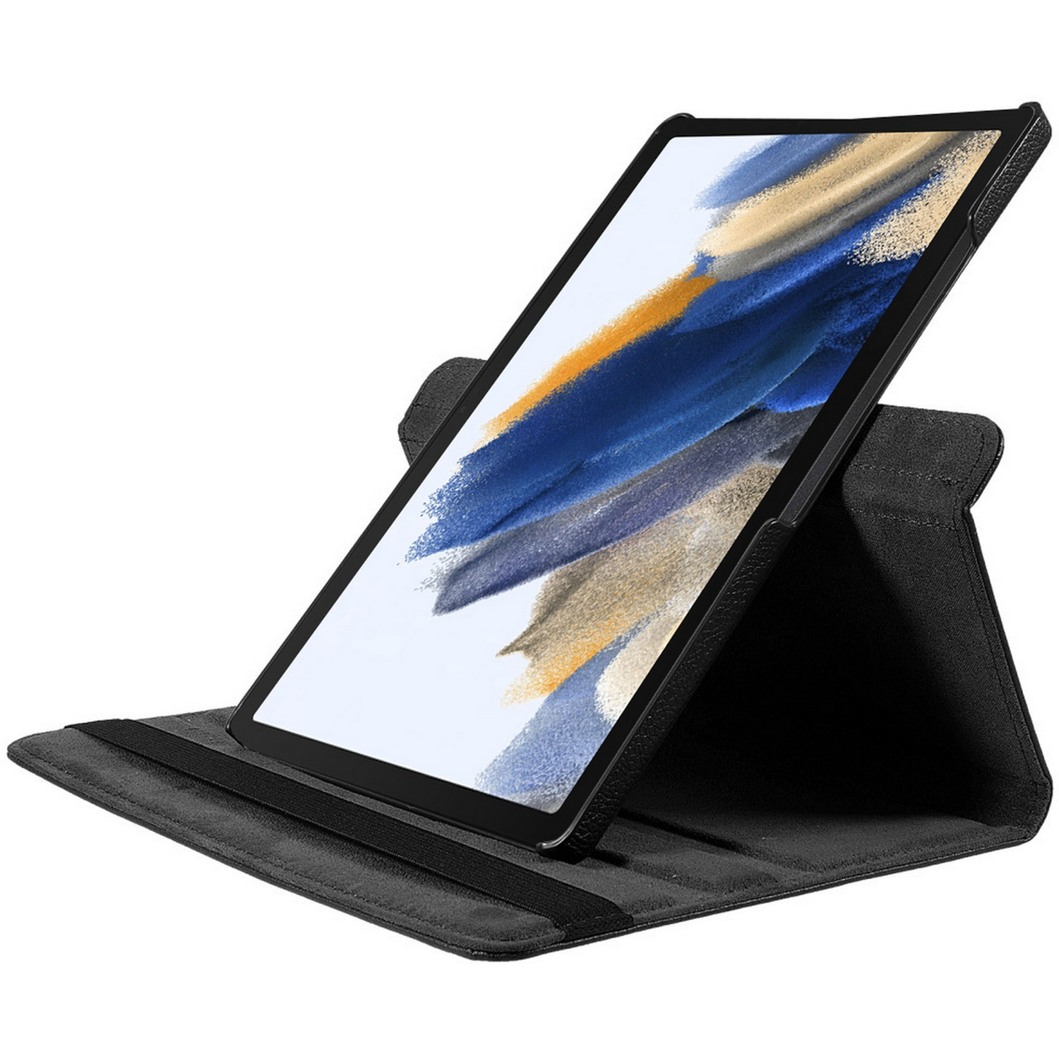 Tablette noire dans un étui noir. La tablette est inclinée. L'étui a une fonction de support.