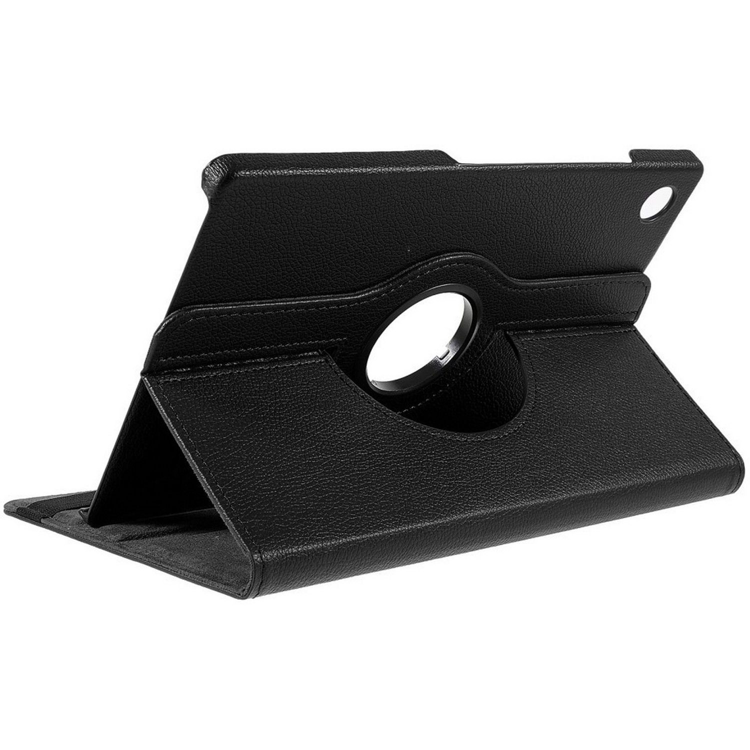 Étui de tablette noir, ouvert, avec bague rotative. Sur fond blanc.