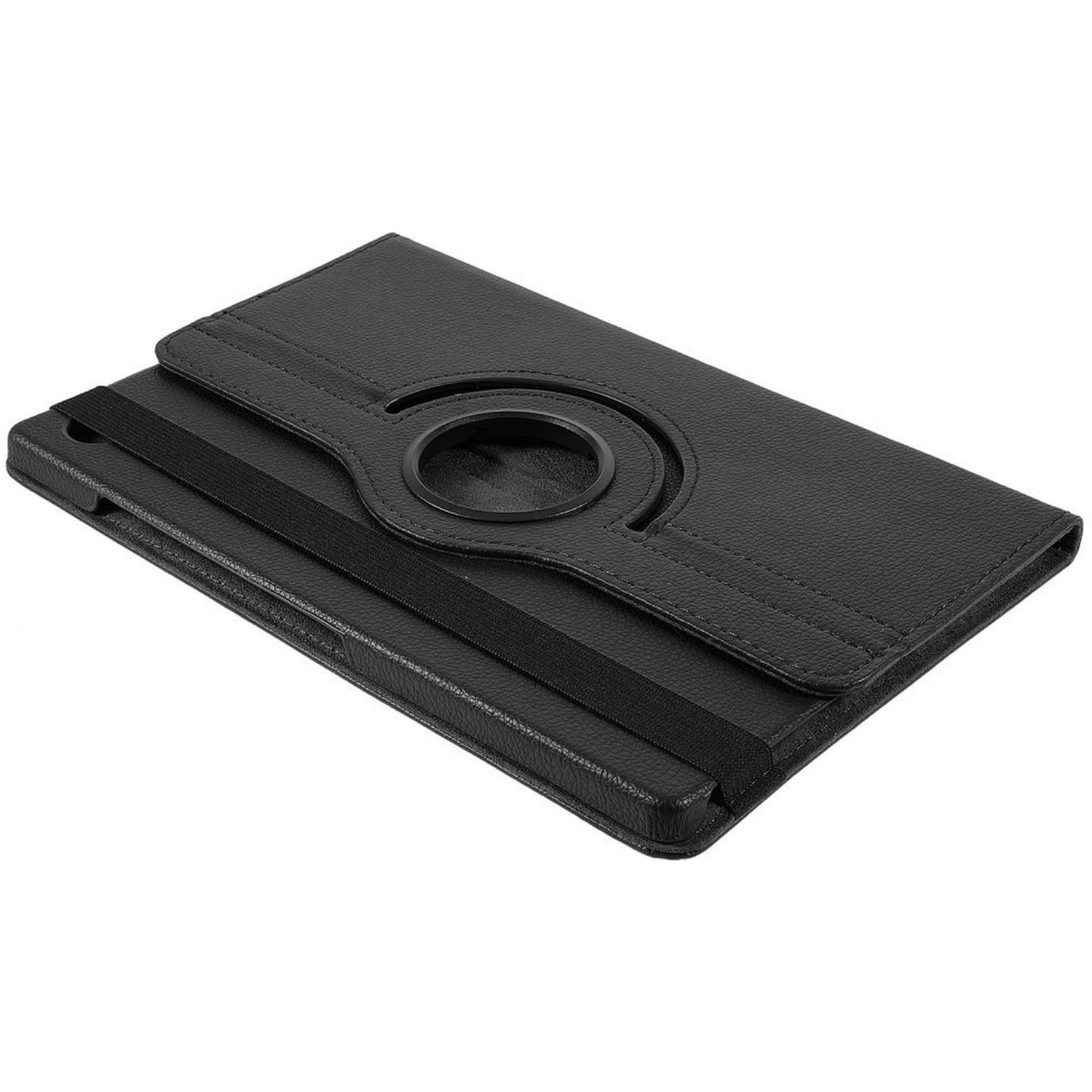 Étui de tablette en cuir noir avec anneau rotatif et sangle élastique sur fond blanc.