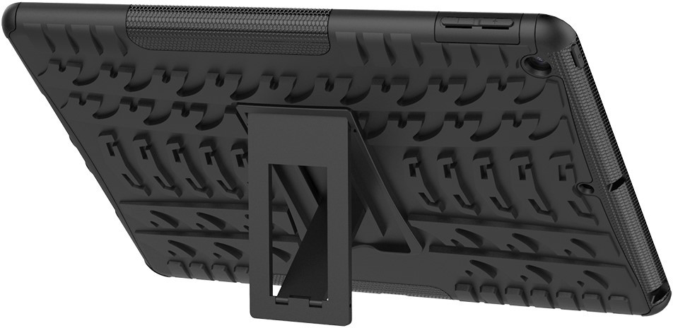 Black rugged tablet case with a stand.