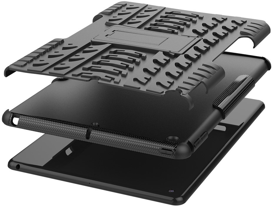 Black protective tablet case, exploded view showing layers and stand.