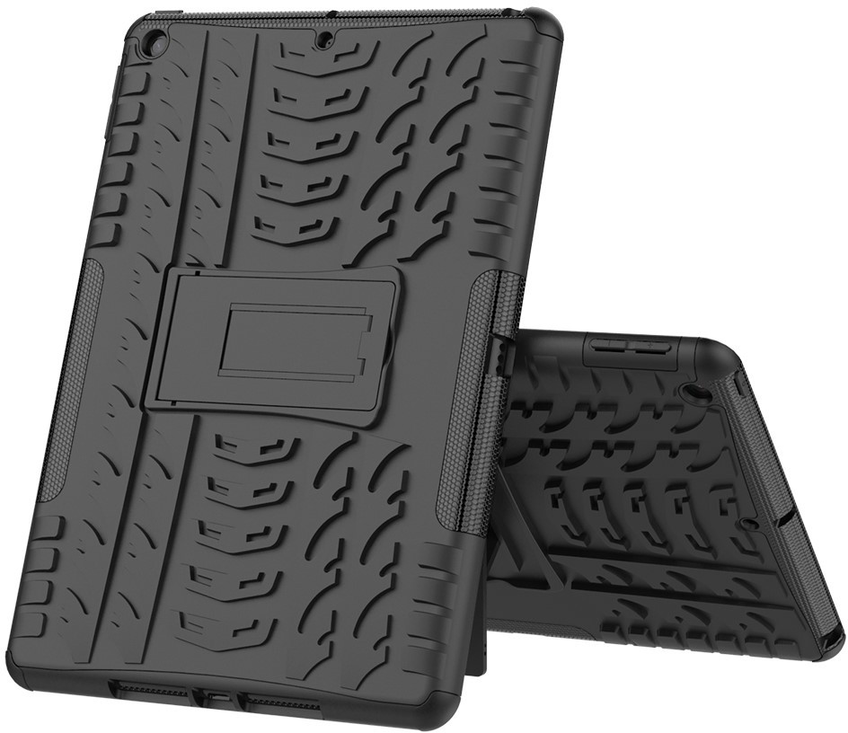 Black tablet case with a built-in stand. The case has a textured design, and is angled for viewing.