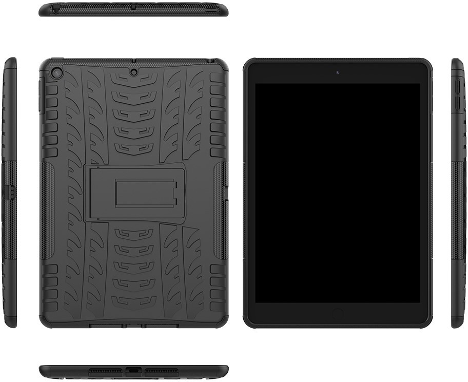 Black tablet in protective case, various angles. Case has textured design and built-in stand on back.
