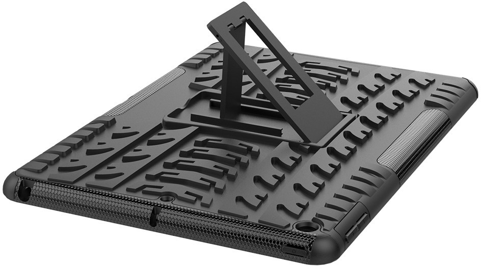 Black tablet case with a stand. The case is textured and has a stand.