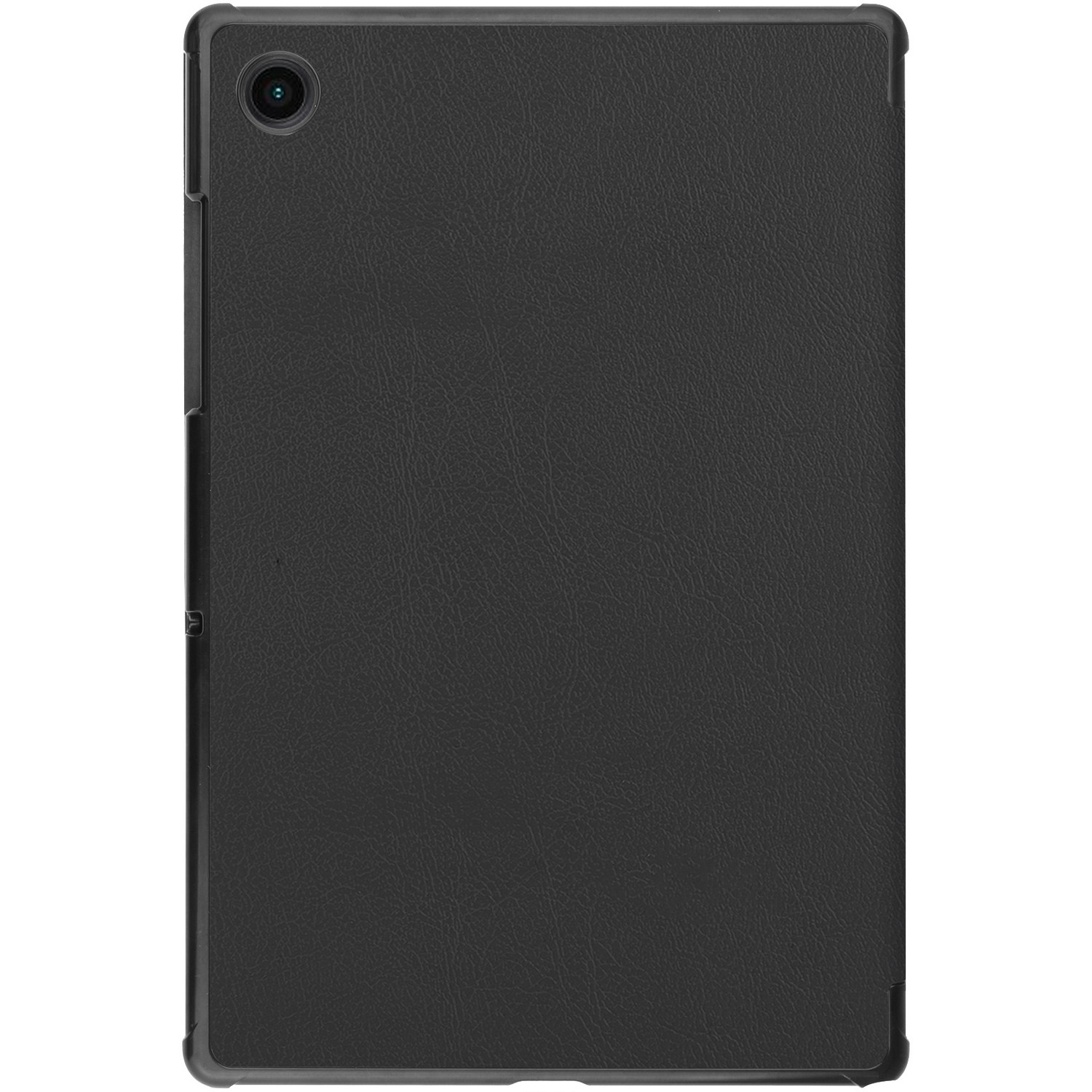 Une tablette noire dans un étui noir, sur fond blanc, vue arrière.