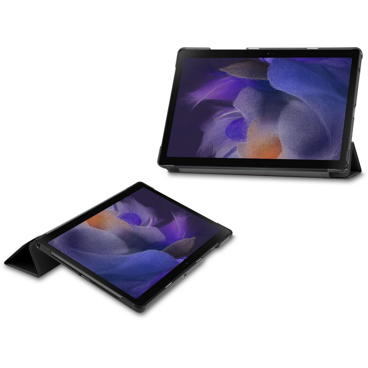 Deux tablettes, une ouverte, montrant une image abstraite violette et bleue. Fond blanc.