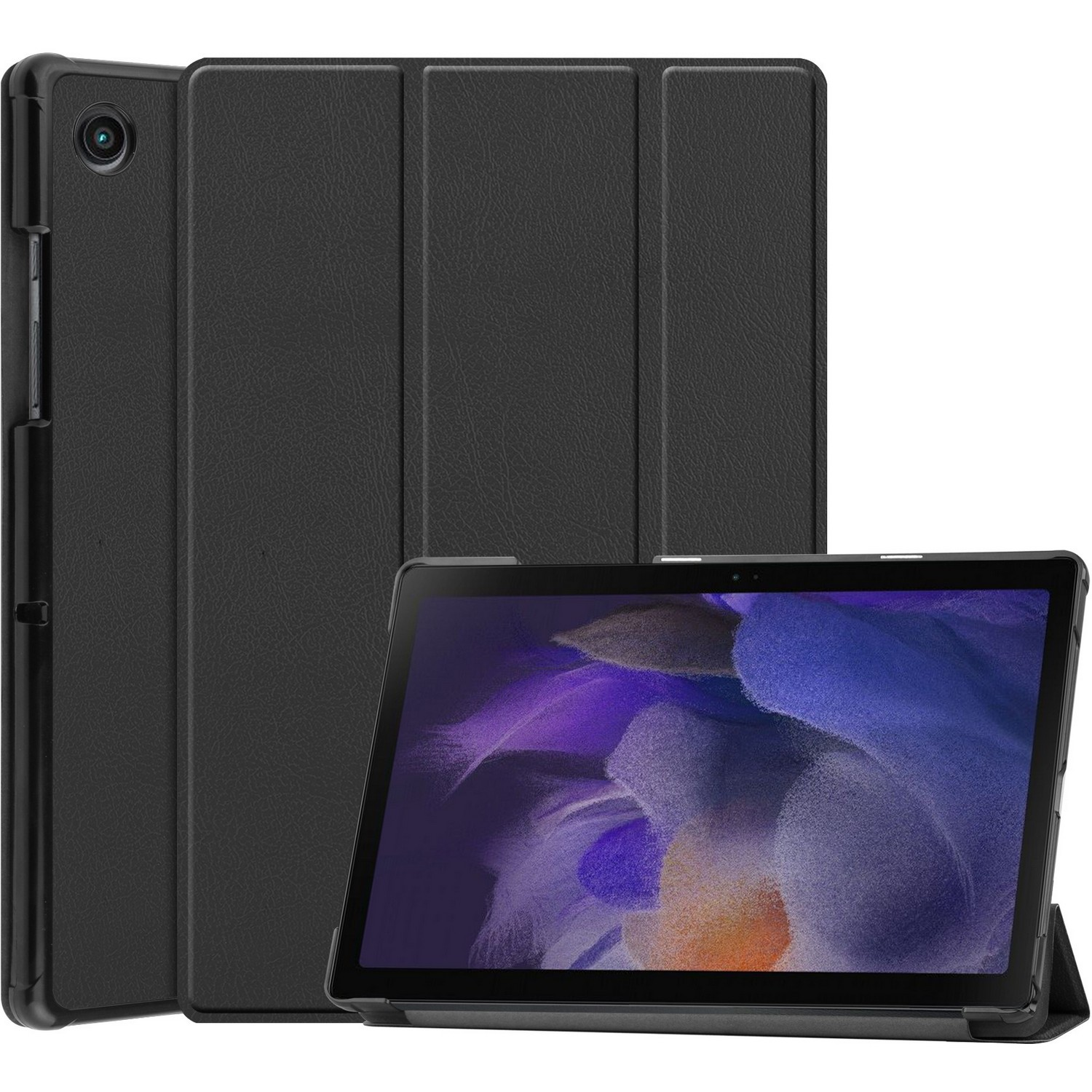 Tablette avec étui noir fermé, et écran de tablette à l'avant.
