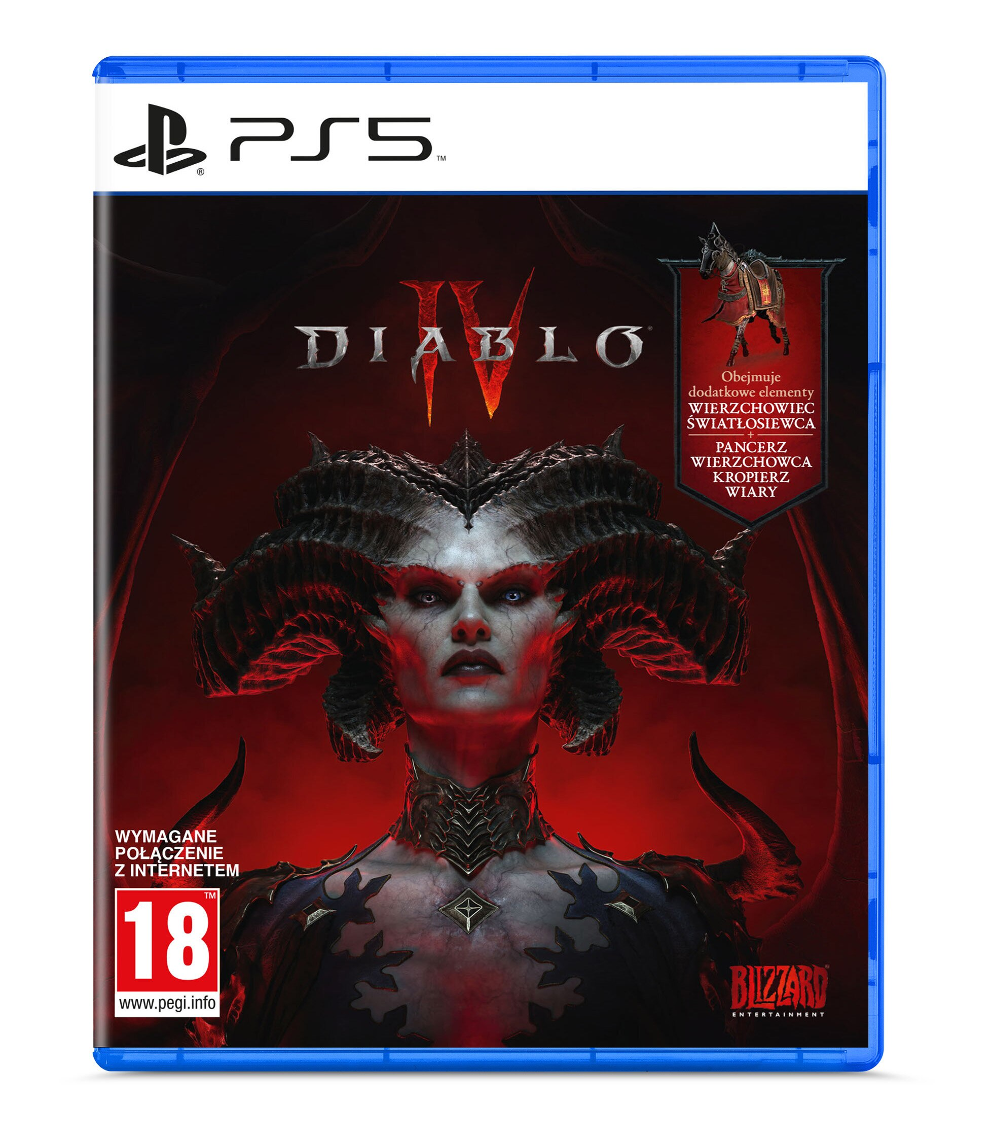 Pudełko gry PS5 Diablo IV. Na okładce demoniczna kobieta. Zawiera kod bonusowy.