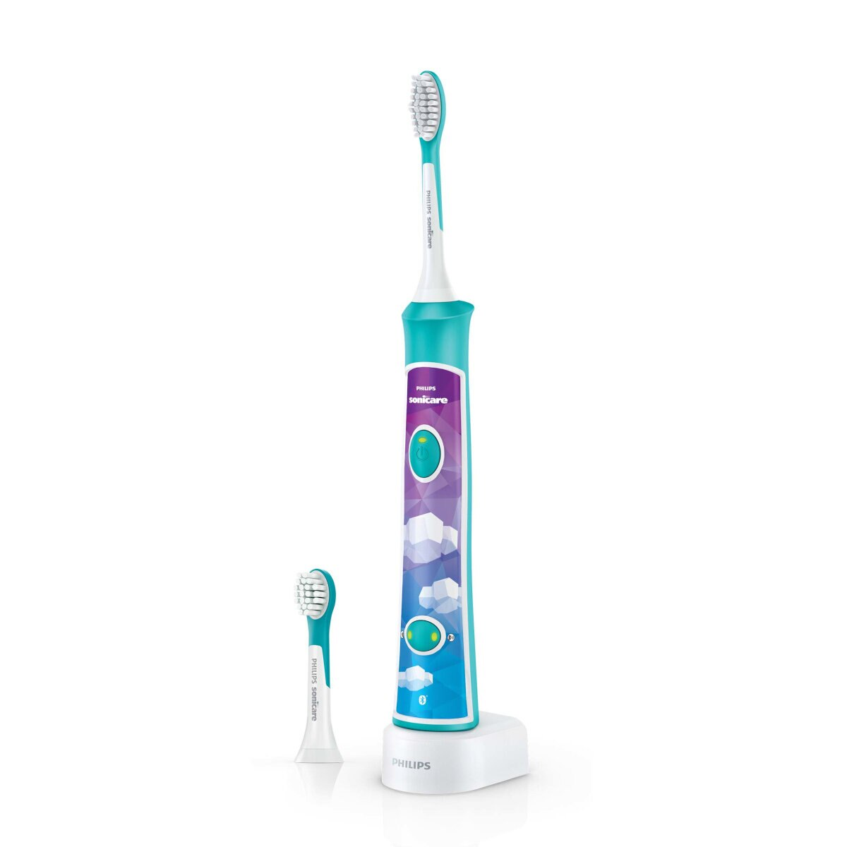 Elektryczna szczoteczka do zębów Philips Sonicare kids i głowica zapasowa na stojaku.