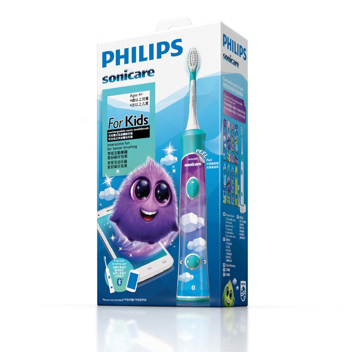 Pudełko ze szczoteczką do zębów Philips Sonicare, szczoteczką i fioletowym potworem z przodu.