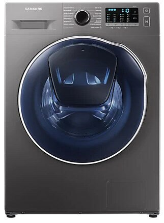Ciemnoszara pralka Samsung z niebieskimi drzwiami i panelem sterowania.