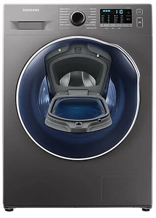 Ciemnoszara pralka Samsung z otwartymi drzwiami.