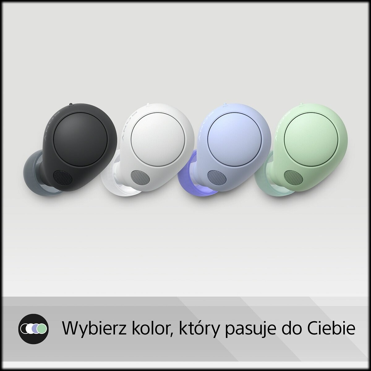 Cztery słuchawki w różnych kolorach: czarnym, białym, jasnoniebieskim i zielonym.
