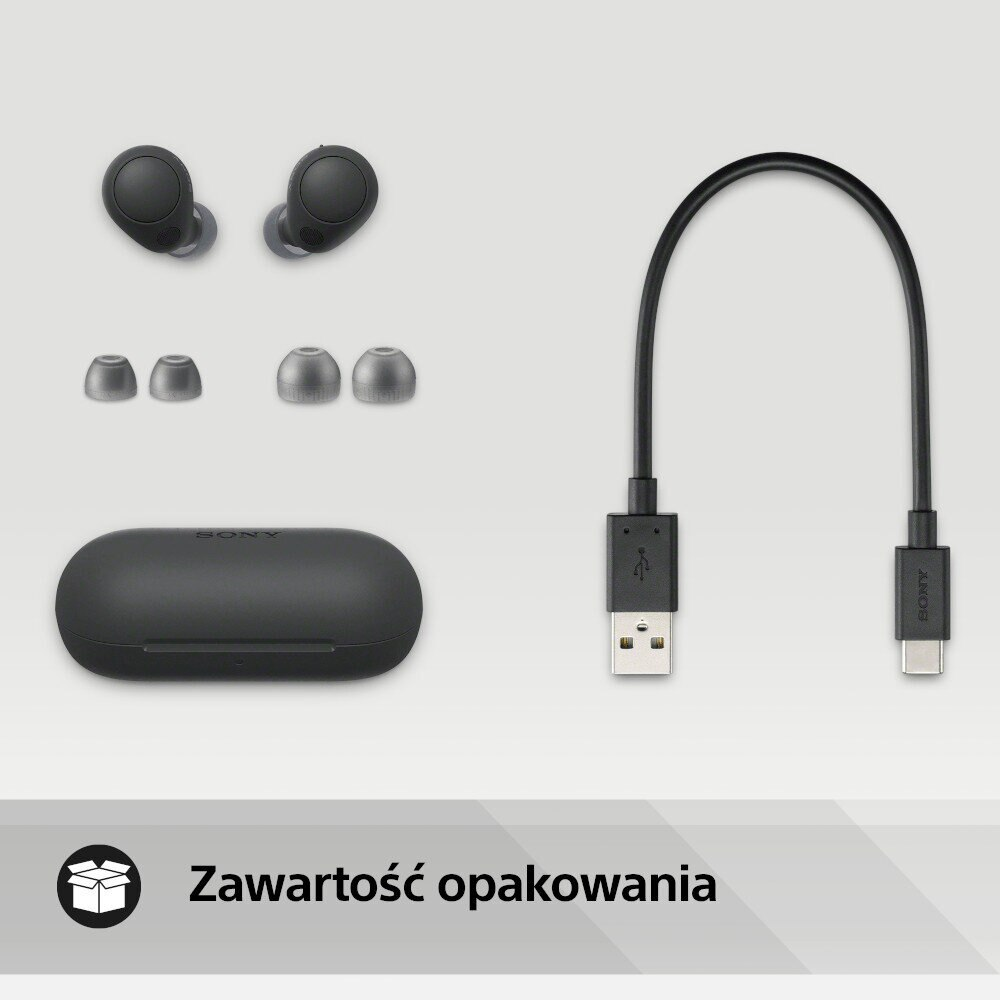 Słuchawki, etui ładujące, dodatkowe końcówki i kabel USB, wszystko czarne, na jasnoszarym tle.