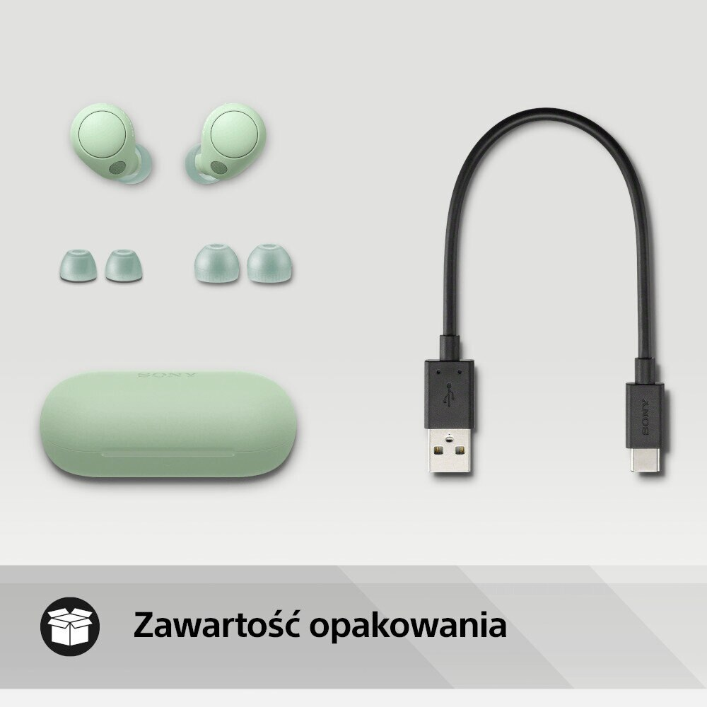 Zawartość pudełka: słuchawki, etui ładujące, dodatkowe wkładki douszne i kabel USB-C.