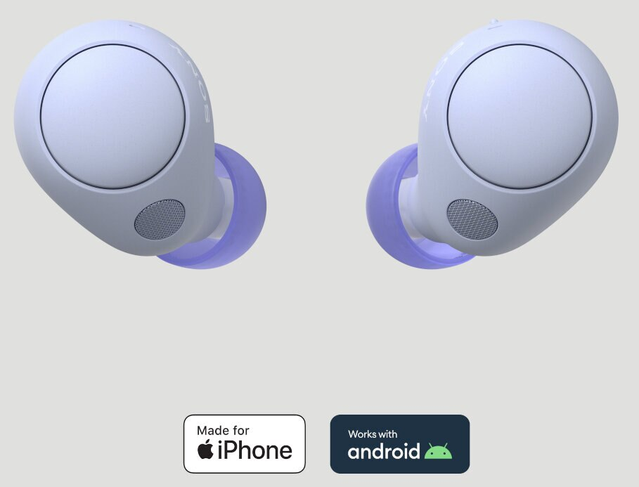 Dwa jasnofioletowe pączki z fioletowymi końcówkami. Logo kompatybilności iPhone i Android.