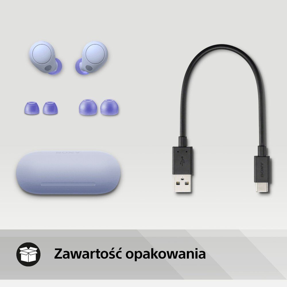 Słuchawki, etui ładujące i kabel USB na jasnoszarej powierzchni. Zawartość opakowania.