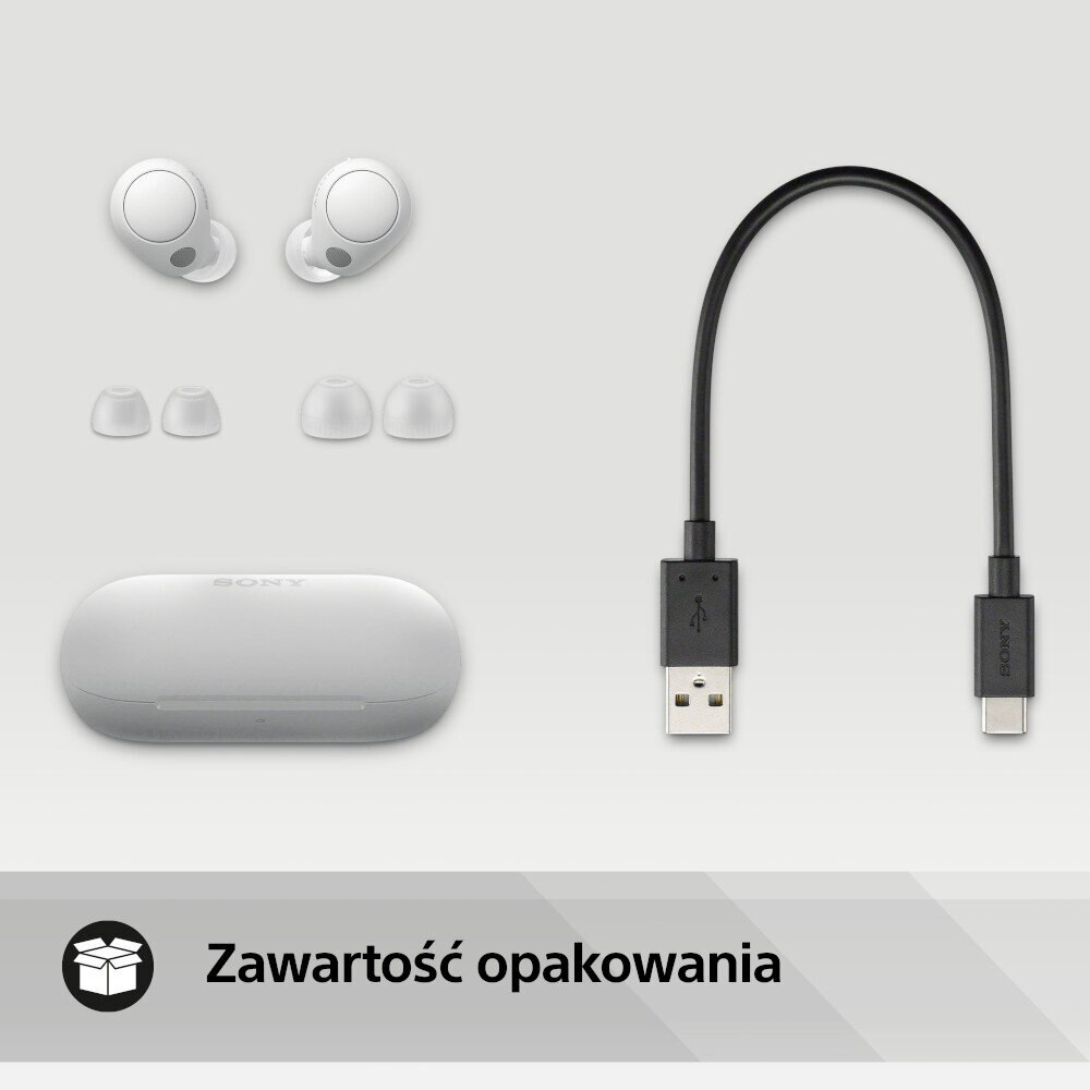 Białe słuchawki, etui ładujące i kabel USB-C na białym tle. Tekst mówi 'Zawartość opakowania'.