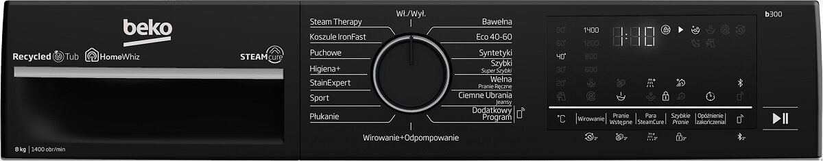 Czarny panel sterowania pralki. Pokazuje różne cykle prania i opcje.