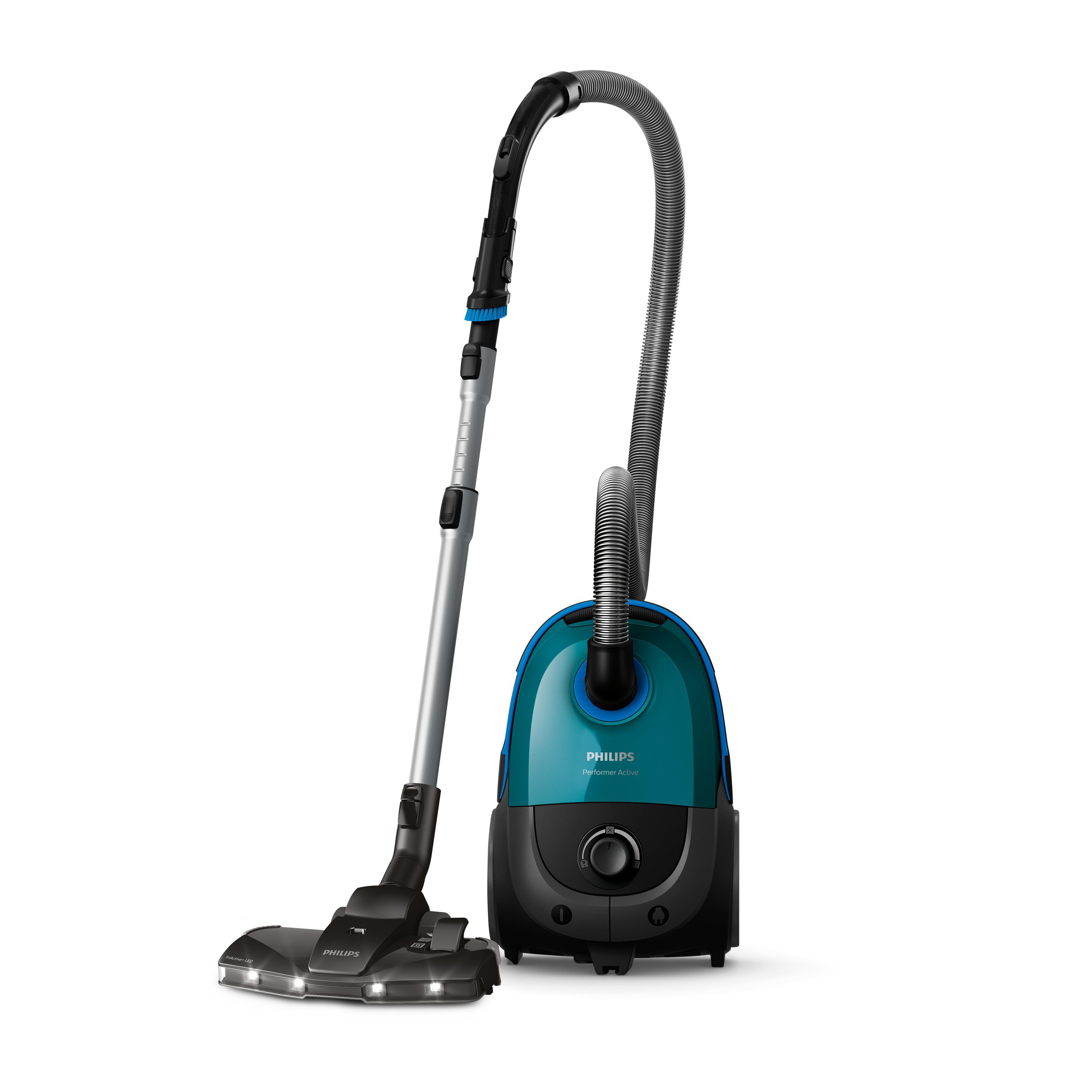 Schwarzer und tealblauer Philips Staubsauger. Er hat einen langen Schlauch und eine Bürste.