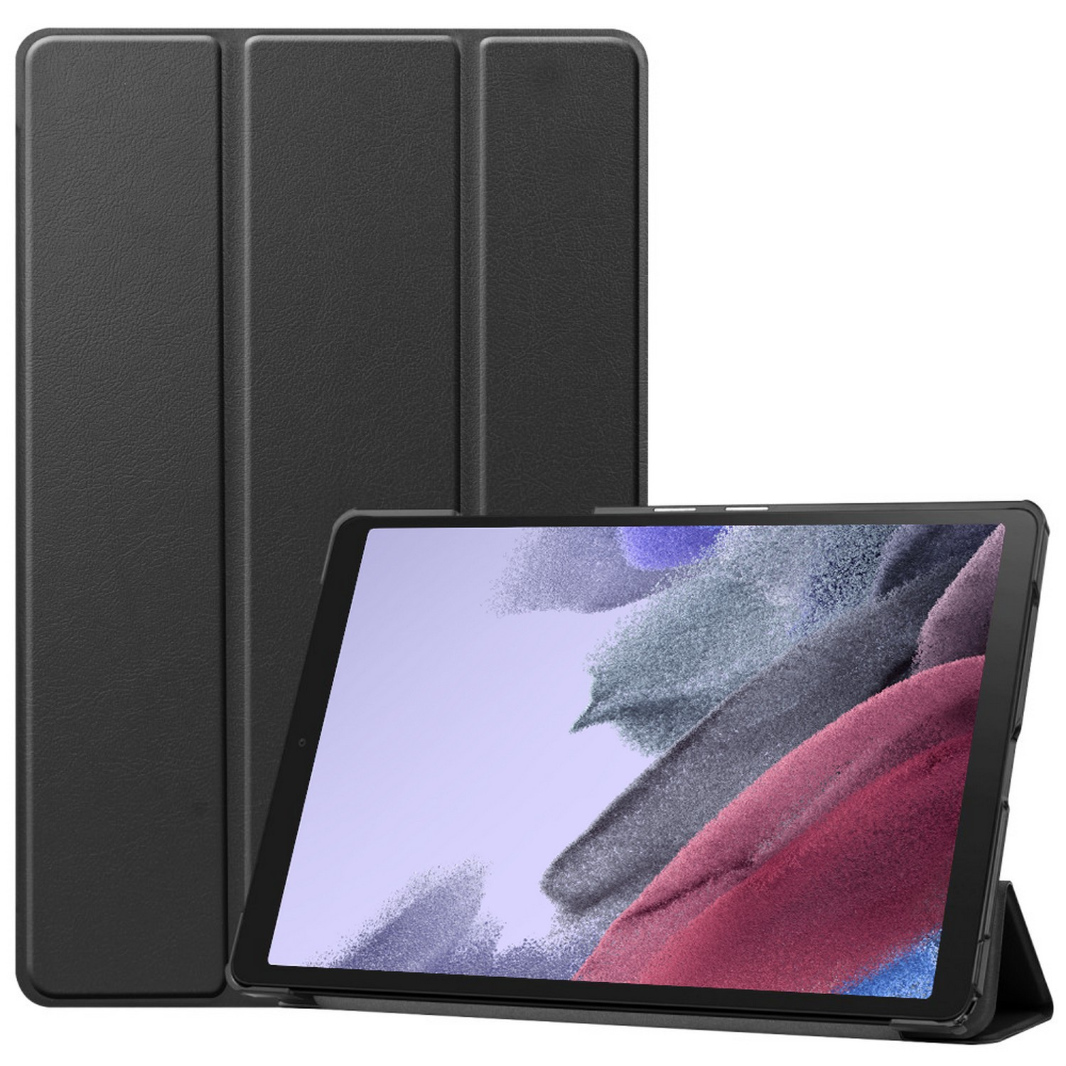 Een zwarte tablet met een hoes, open getoond. Het scherm toont een kleurrijk display.