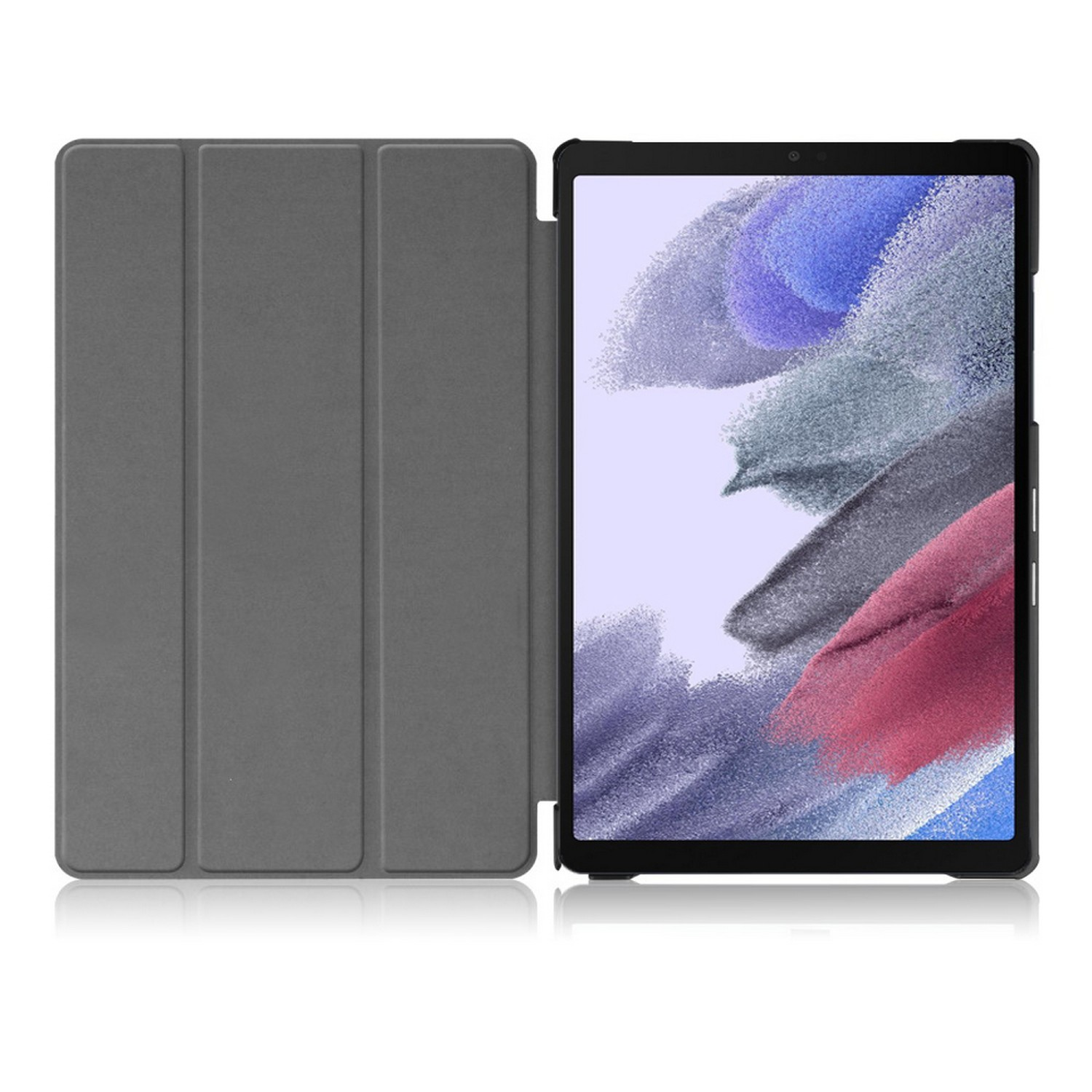 Tablet in grijze hoes, open. Het scherm toont een kleurrijke, abstracte achtergrond.