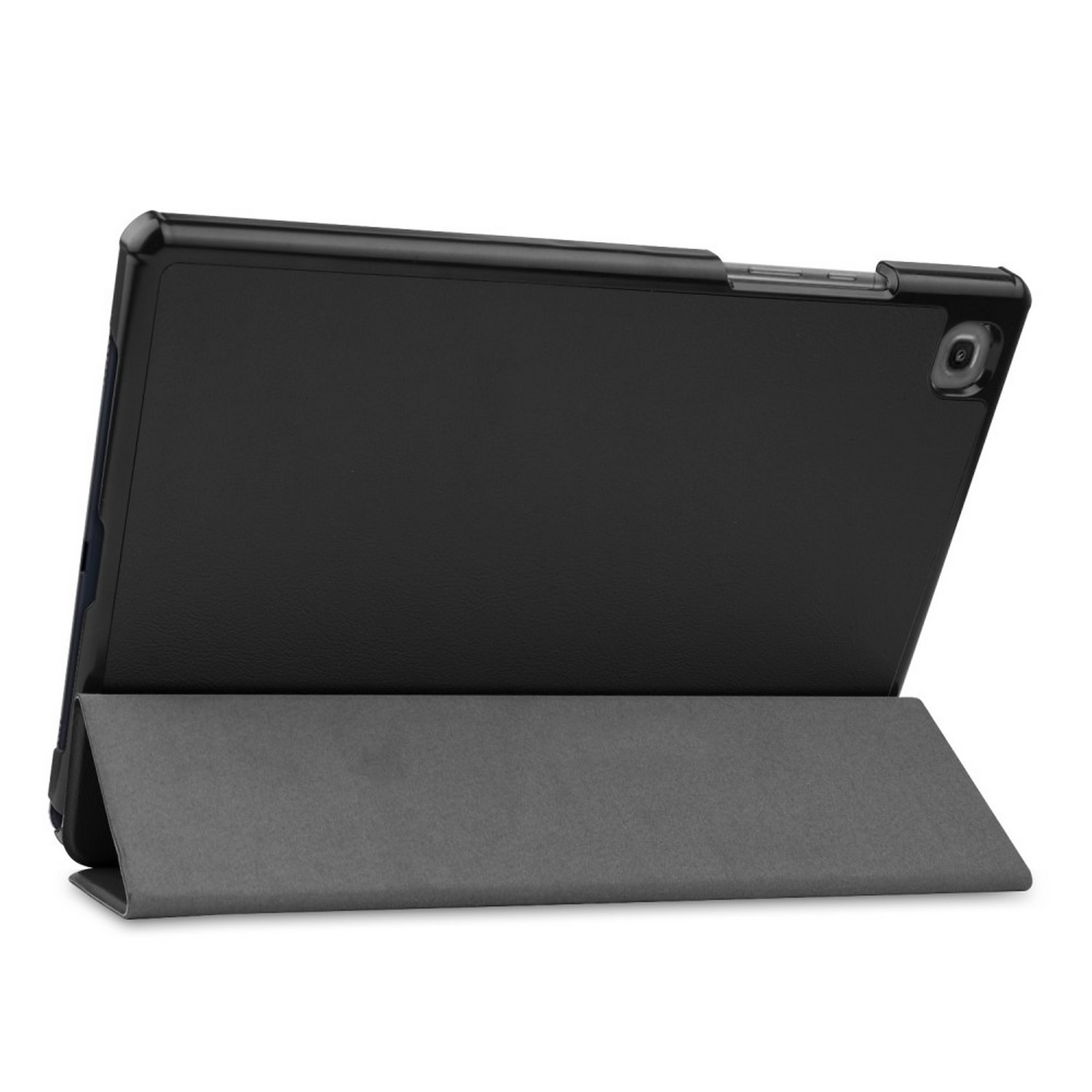 Een zwarte tablet in een zwarte hoes met een grijze standaard.