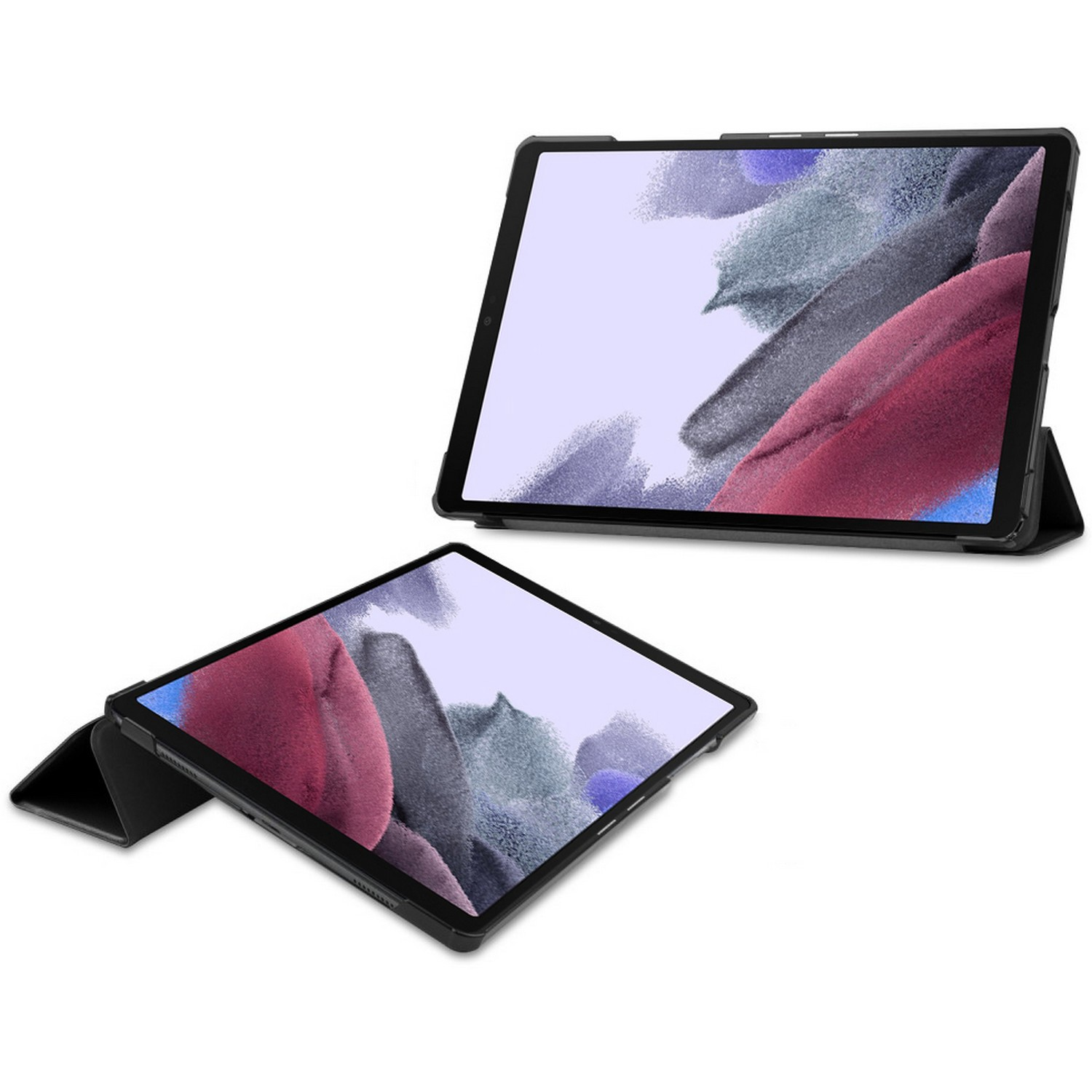 Twee zwarte tablethoezen. Eén hoes is open met een tablet erin. De andere hoes is schuin.