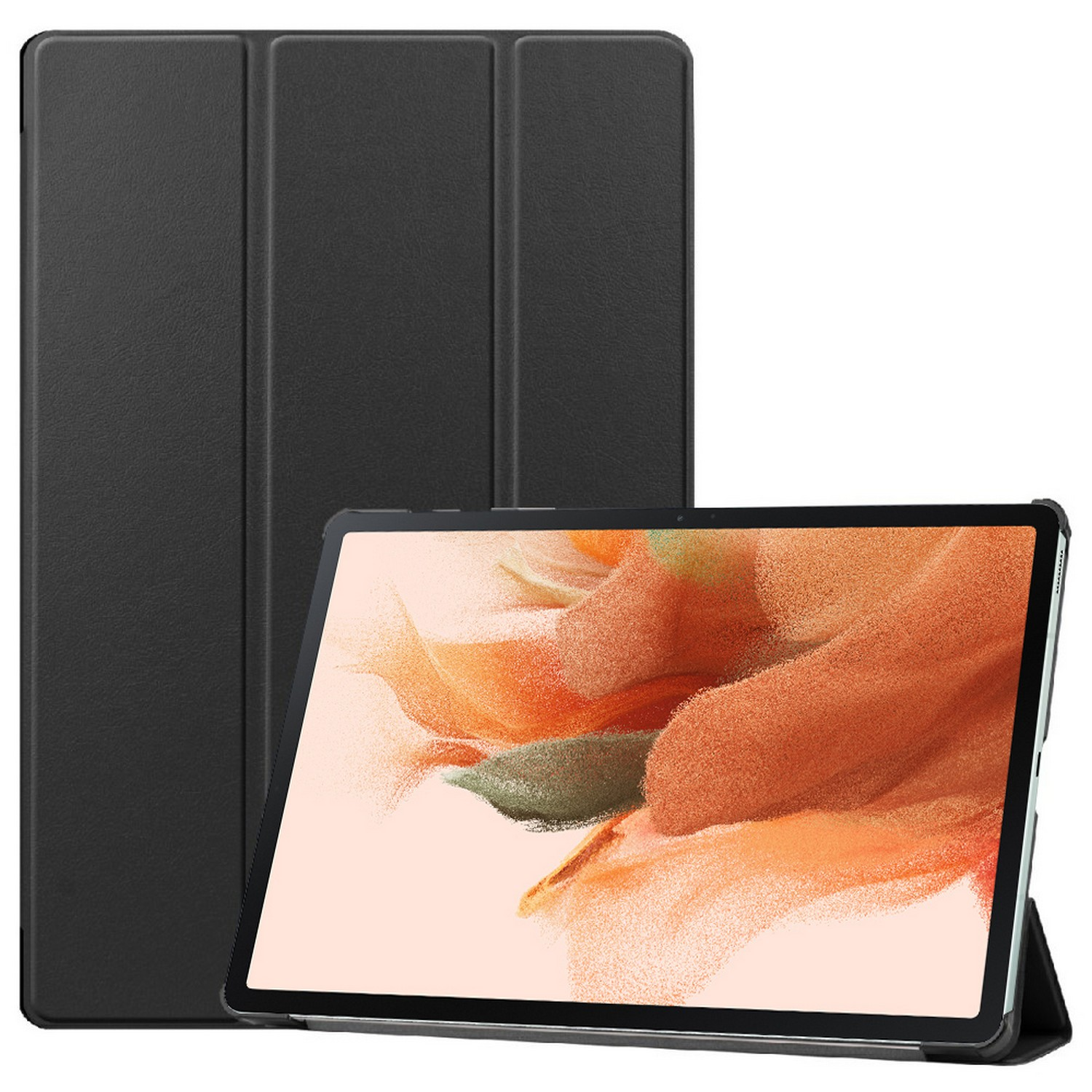 Black tablet with cover. The tablet is on the right side. The cover is on the left.