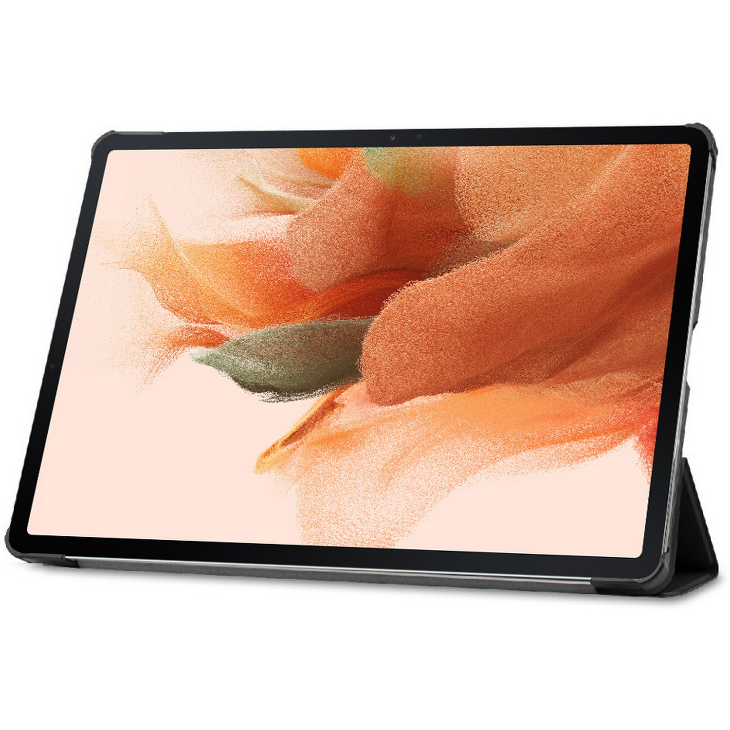 Tablet computer displaying an image, held by a black case. 