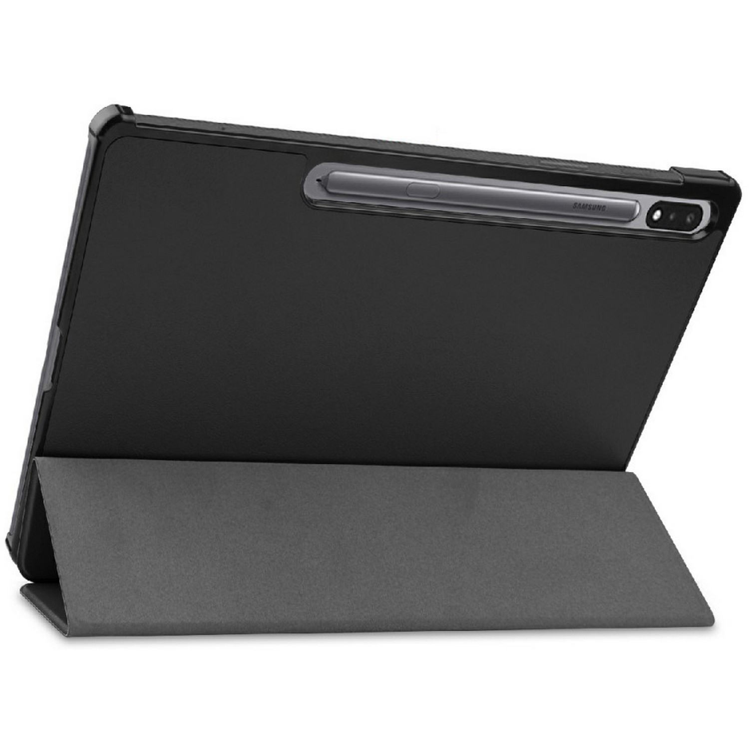 Black tablet with a stand and stylus. The tablet is in a case.
